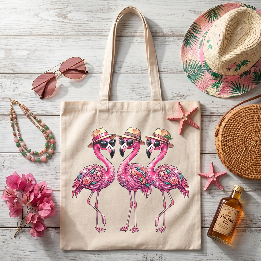 Three pink flamingos wearing sunglasses and hats on a canvas tote bag.