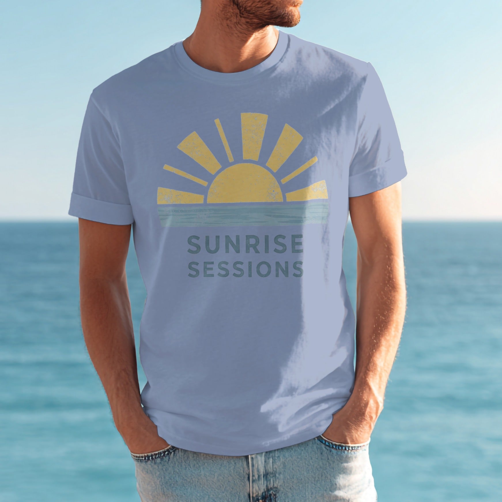Light blue t-shirt with sunrise graphic and "Sunrise Sessions" text.
