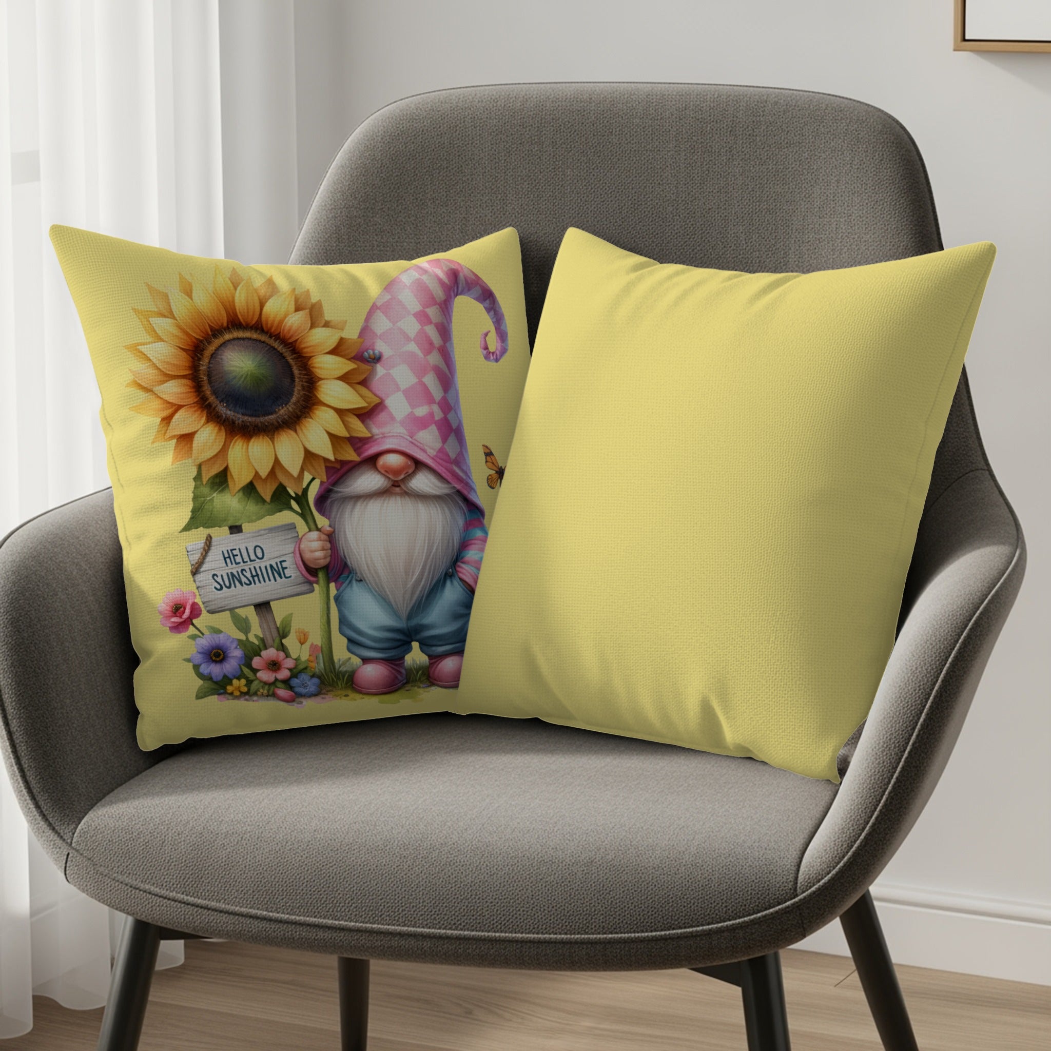 Gnome and sunflower with "Hello Sunshine" sign on yellow pillow.