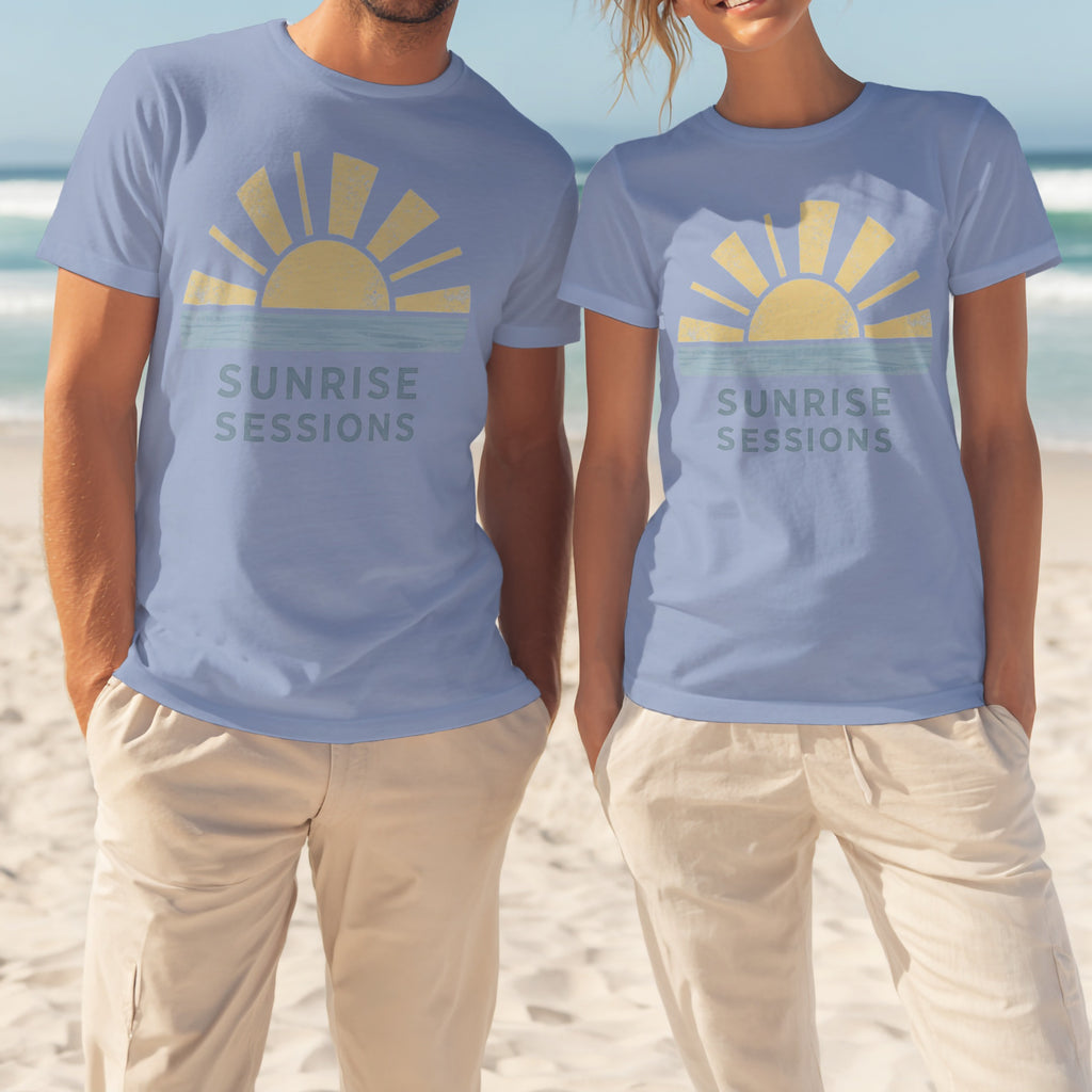 Two people wear light blue t-shirts with a yellow sunrise and "Sunrise Sessions" text.