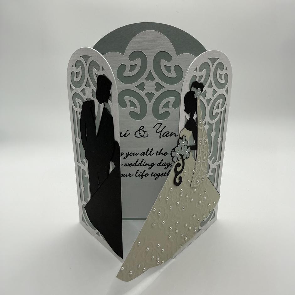 3D Gatefold Wedding Card | Bride & Groom Silhouette with Embossed Gown & Pearl Details | Luxury Wedding & Bridal Shower Gift