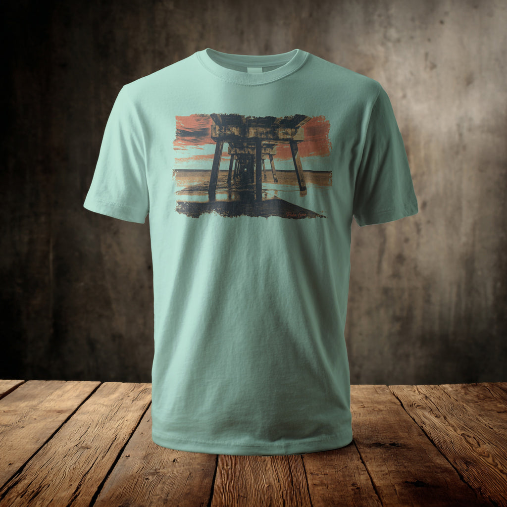 Light blue t-shirt featuring a vintage photo of a pier at sunset.