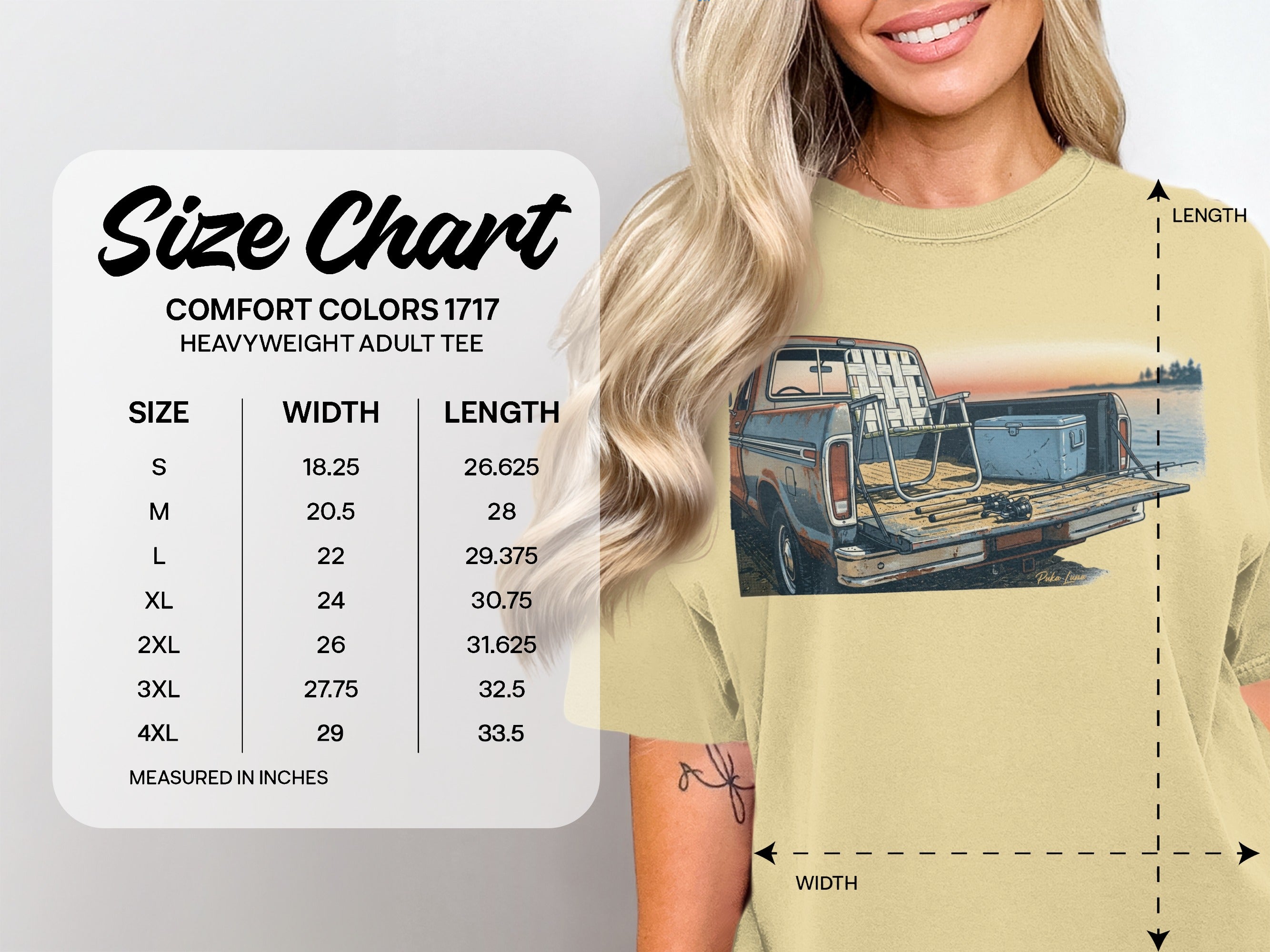 Comfort Colors 1717 heavyweight adult tee size chart with measurements.