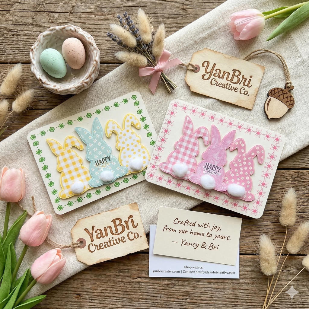 Handmade Easter Bunny Cards – 3D Pom-Pom Tail, Gingham & Floral Spring Stationery