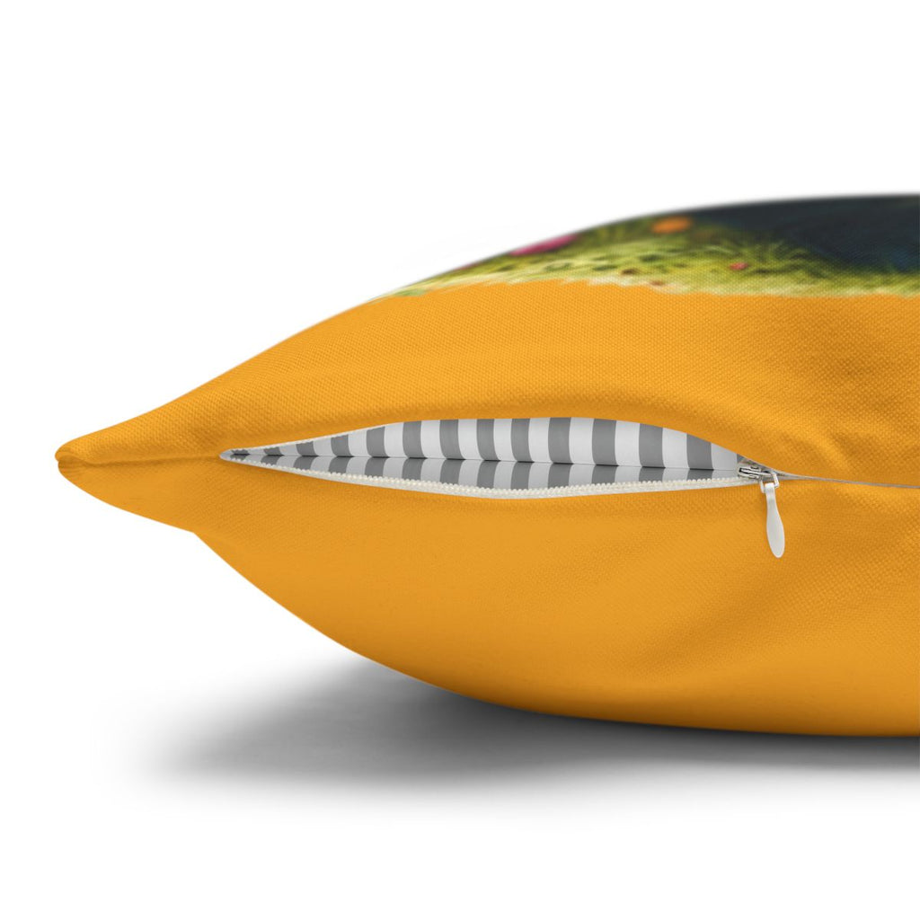 Orange throw pillow with zipper detail and striped insert visible.