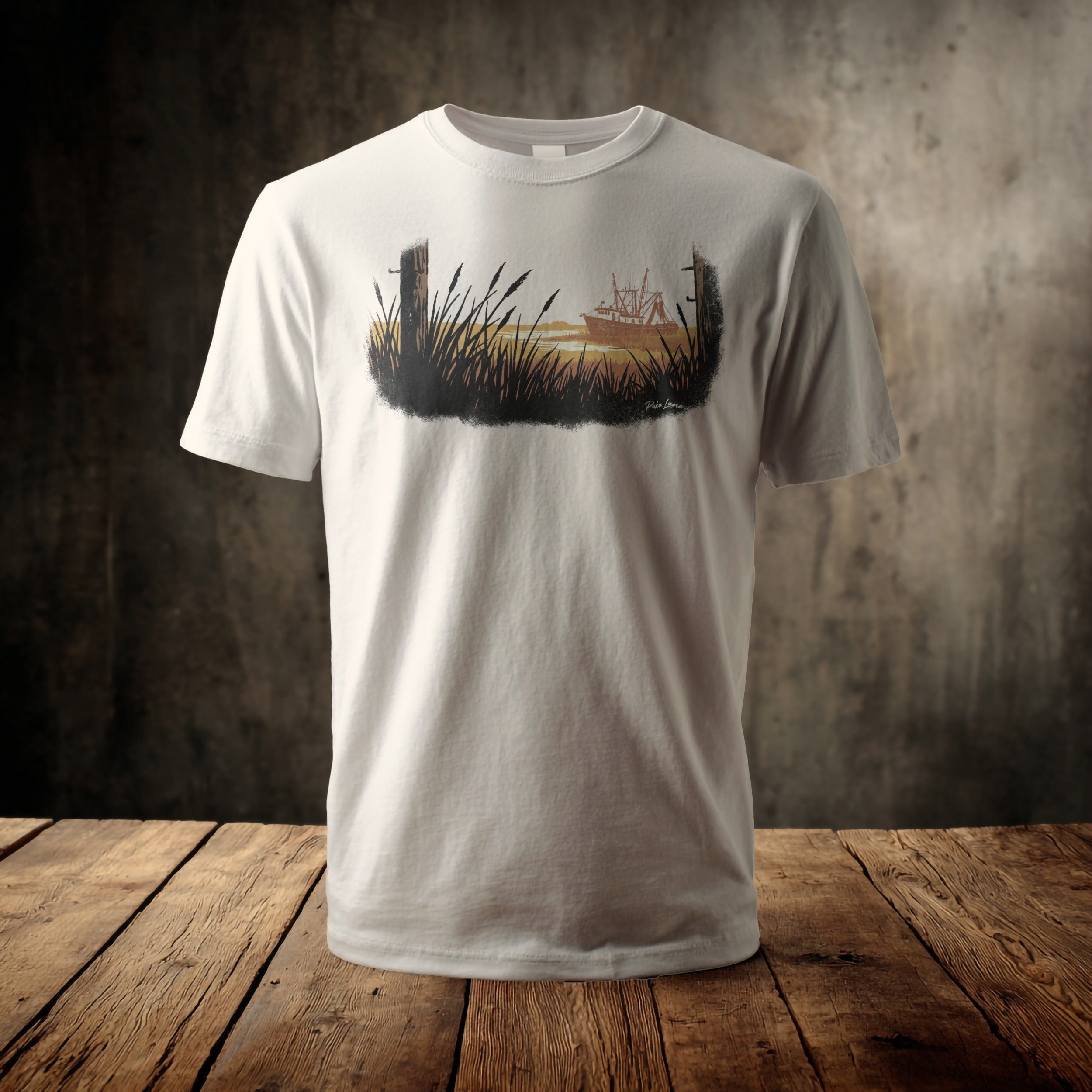 White t-shirt with a sunset fishing boat graphic.