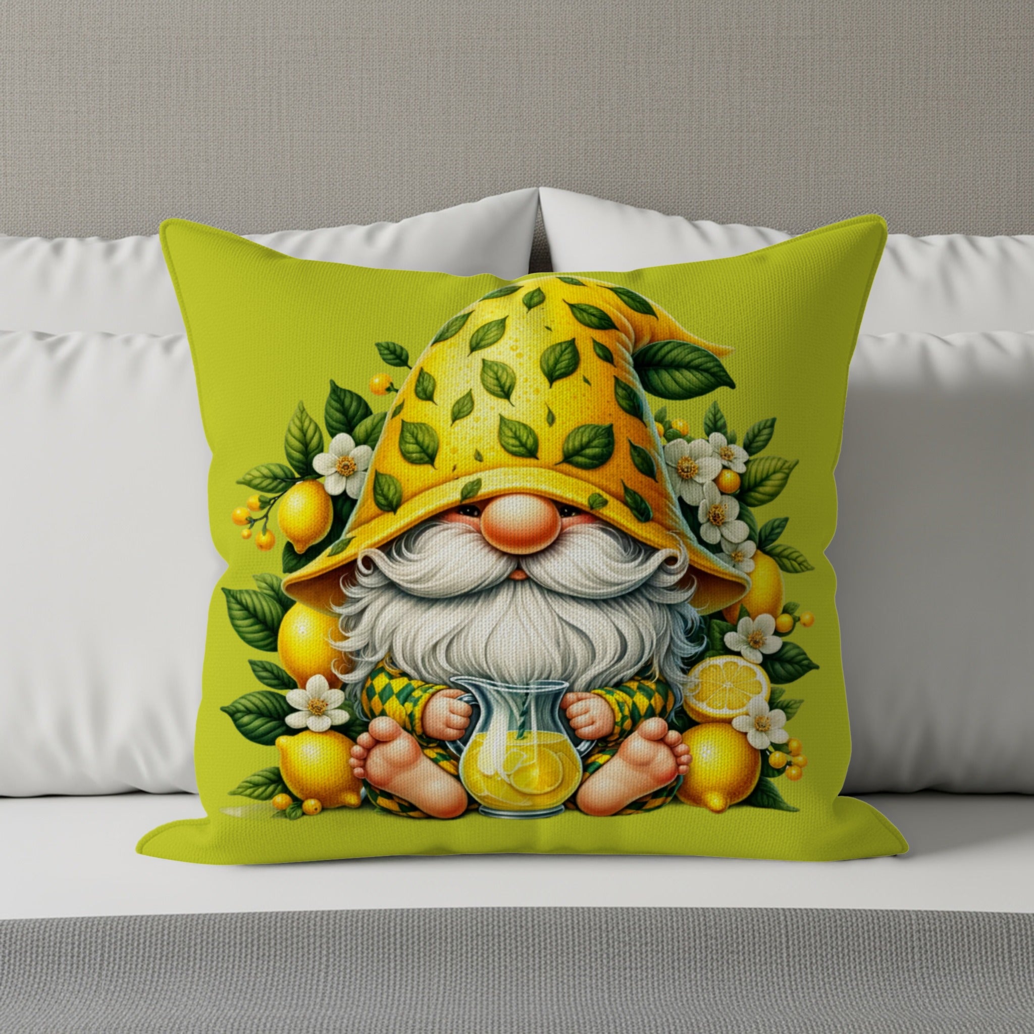 Gnome holding pitcher of lemonade, surrounded by lemons and flowers.