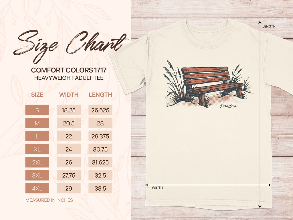 Comfort Colors 1717 heavyweights tee size chart with measurements in inches.