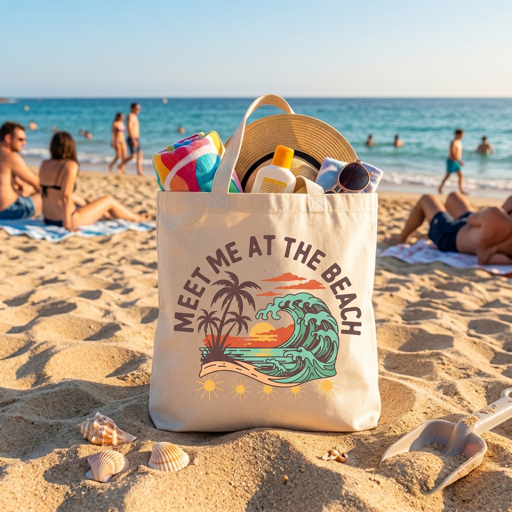 Canvas tote bag with "Meet Me at the Beach" graphic, beach scene, on sand.