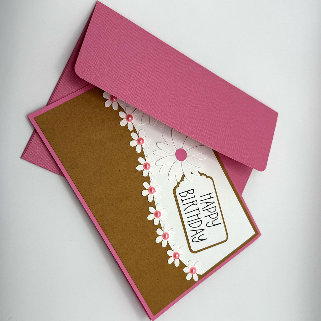 Handcrafted Daisy Birthday Card, Floral Kraft Paper Greeting, Pink Pearl Accents