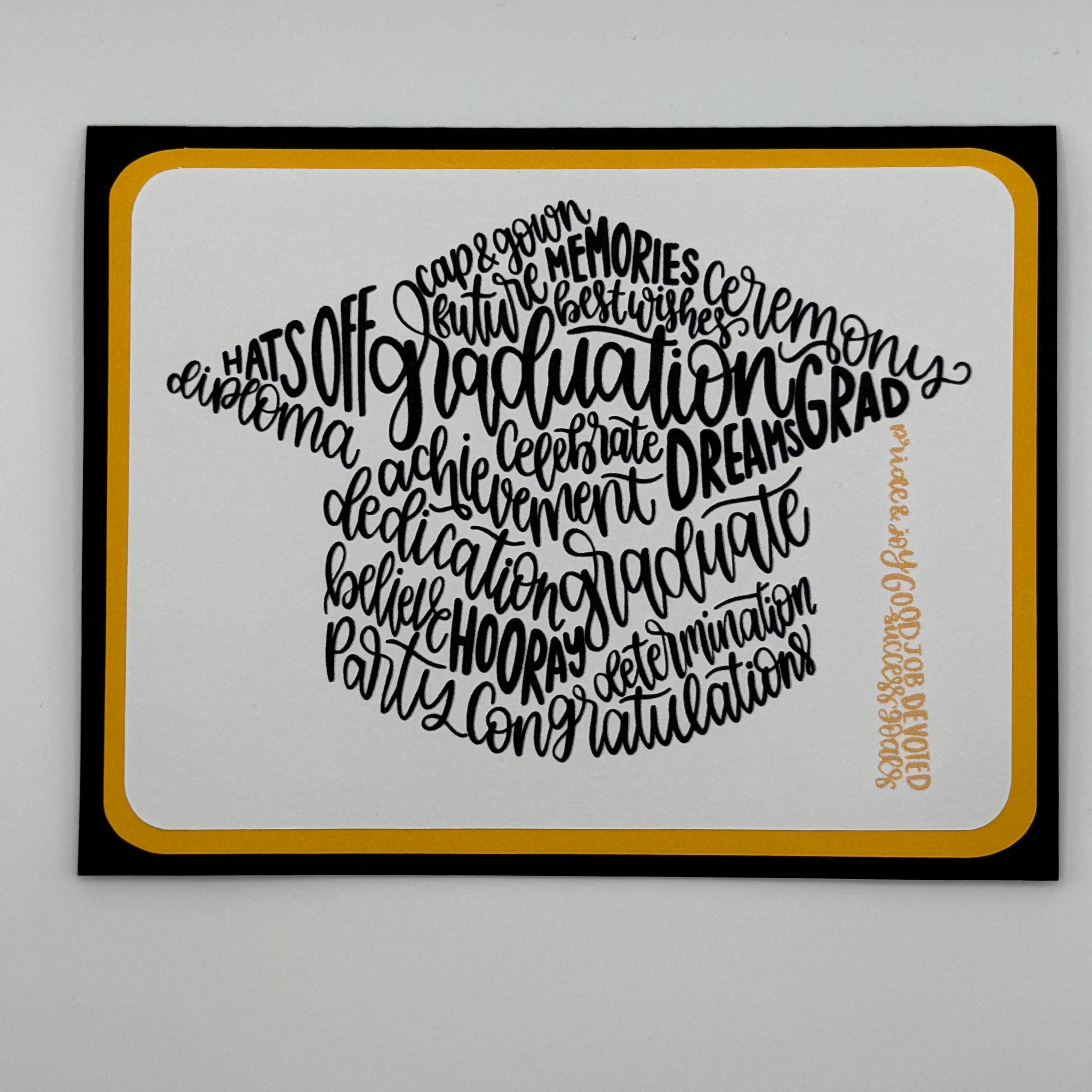Graduation Card – Mortarboard Word Art in Black & Gold