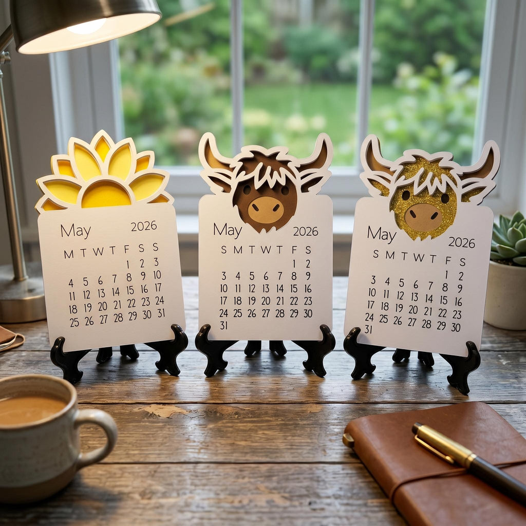 Mini Desk Calendar – Highland Cow, Sunflower & Glitter Handmade Desk Decor