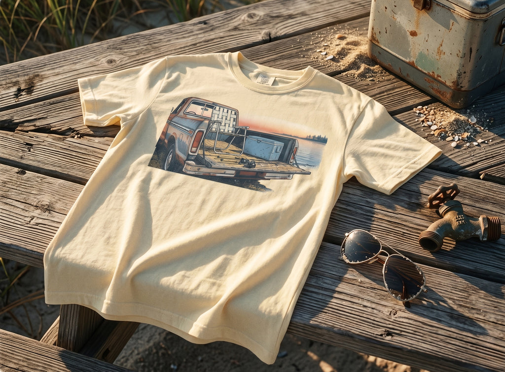 Light yellow t-shirt with retro pickup truck graphic on a wooden surface.
