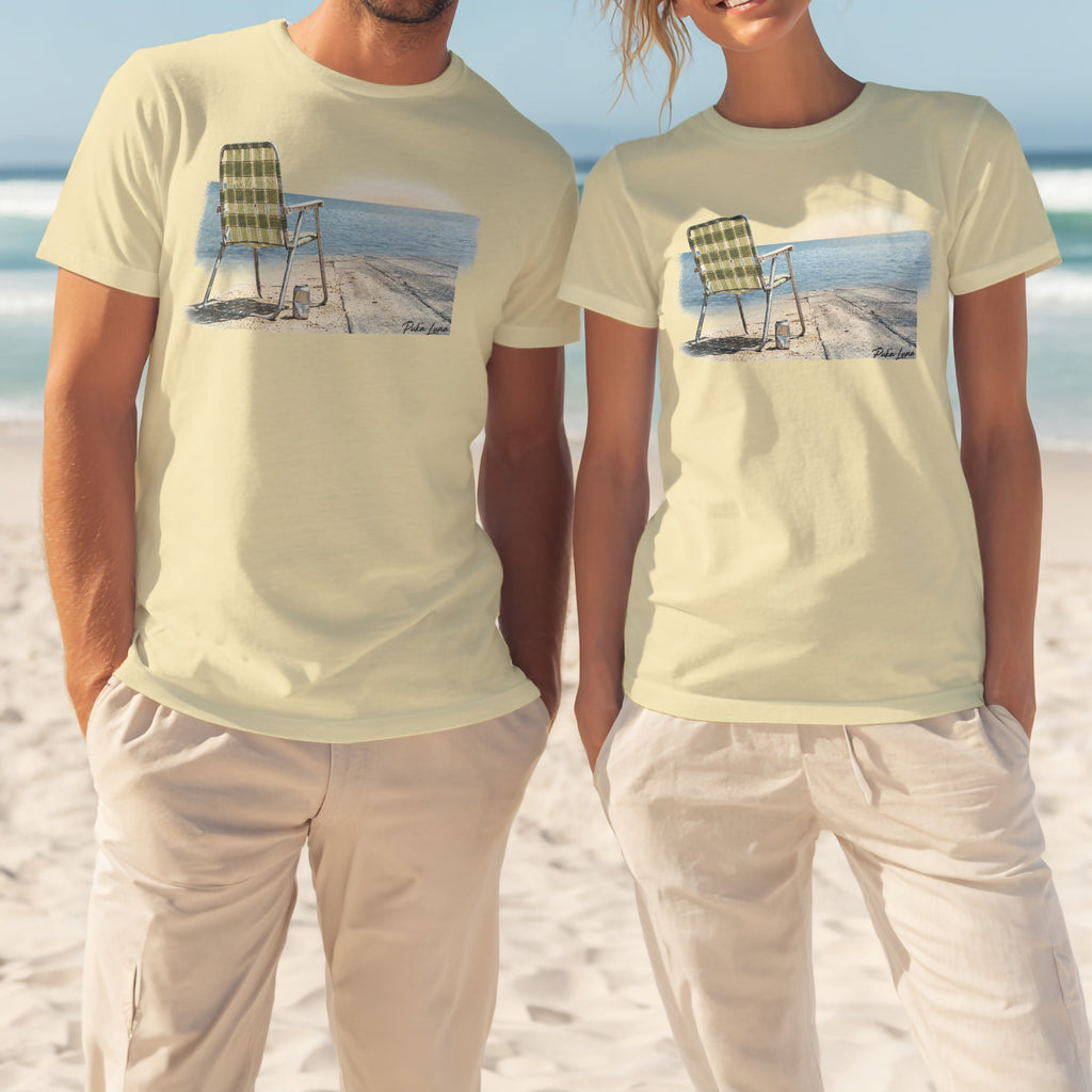 Two models wear pale yellow t-shirts with a beach chair and ocean graphic.