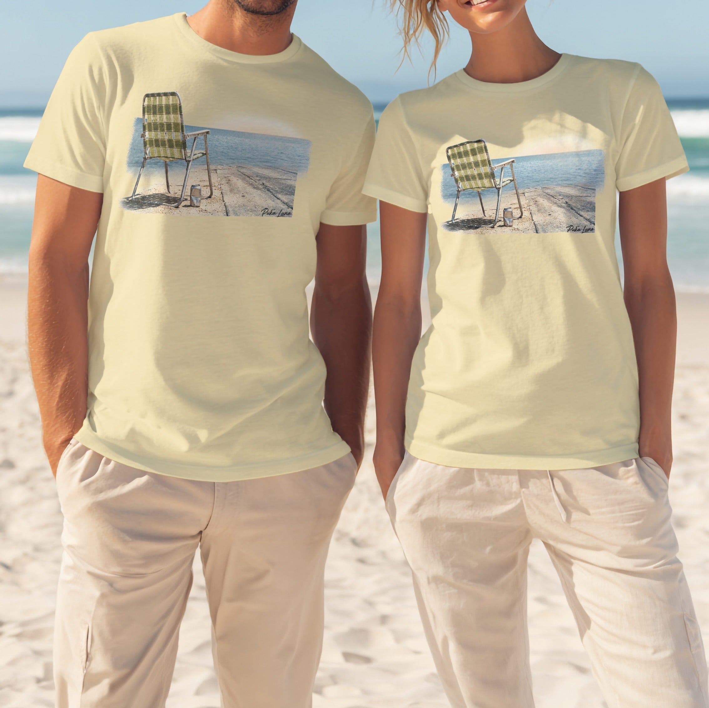 Two models wear pale yellow t-shirts with a beach chair and ocean graphic.