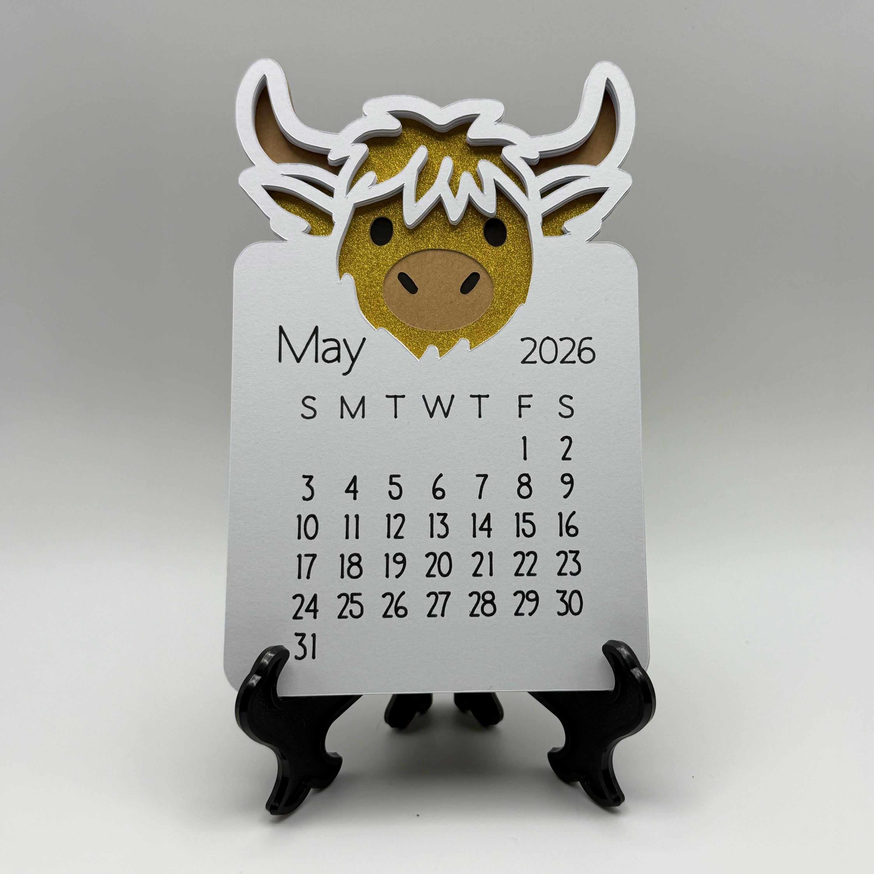Mini Desk Calendar – Highland Cow, Sunflower & Glitter Handmade Desk Decor