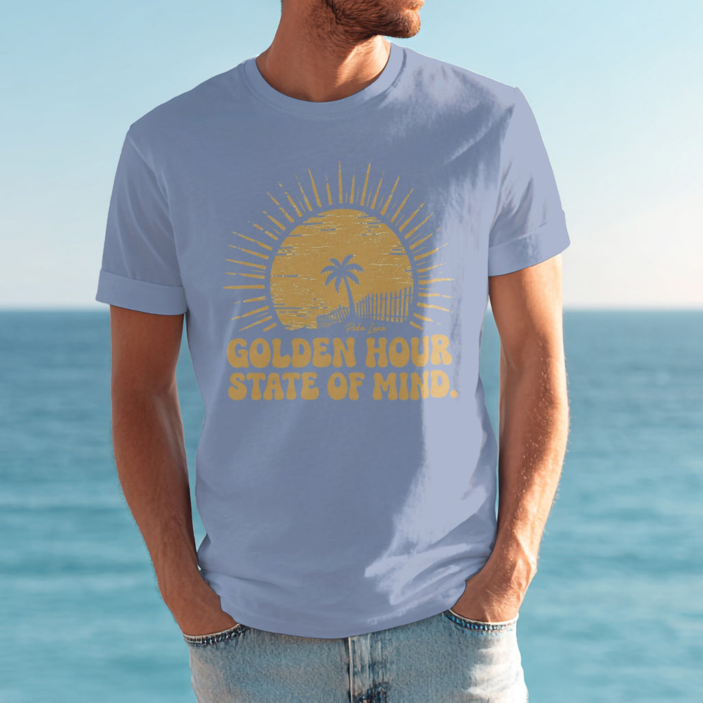 Light blue t-shirt with "Golden Hour State of Mind" text and palm tree.