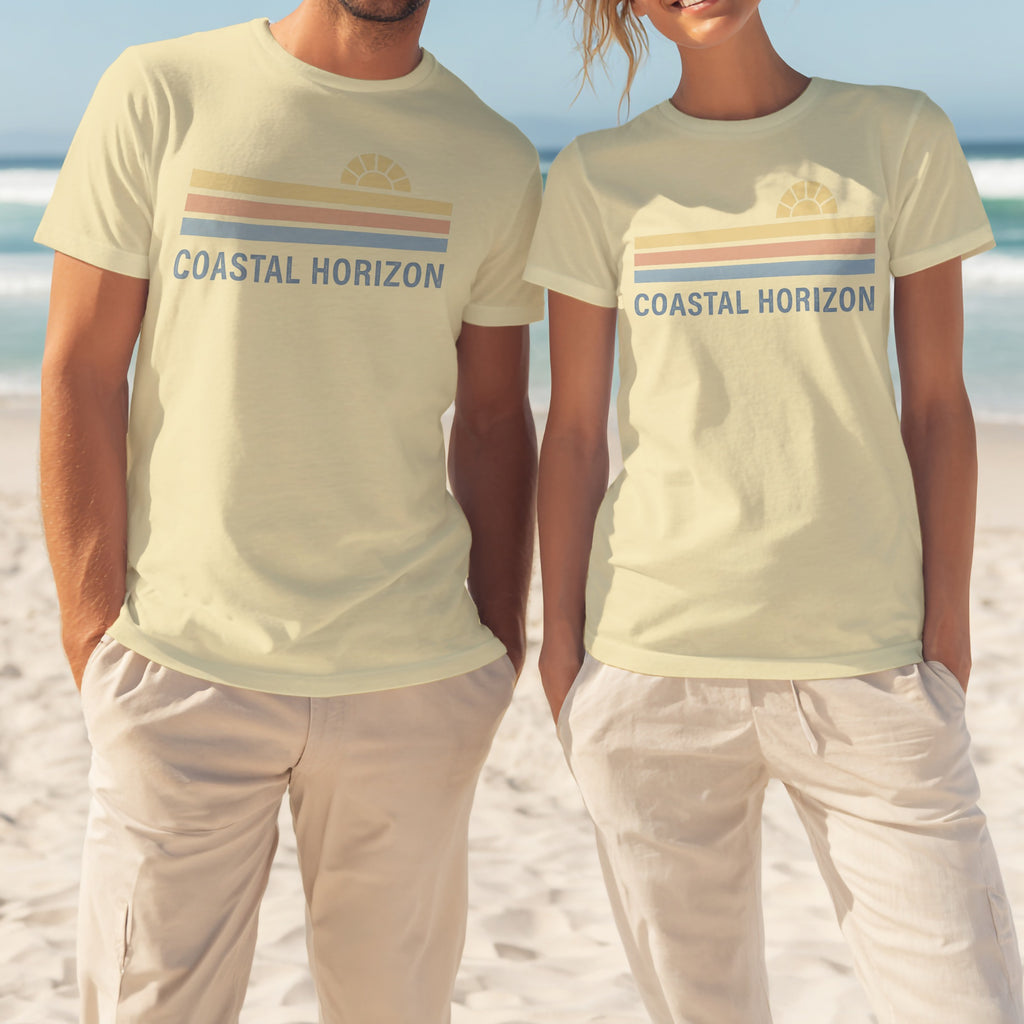 Light yellow t-shirts with "Coastal Horizon" and a striped sunset graphic.