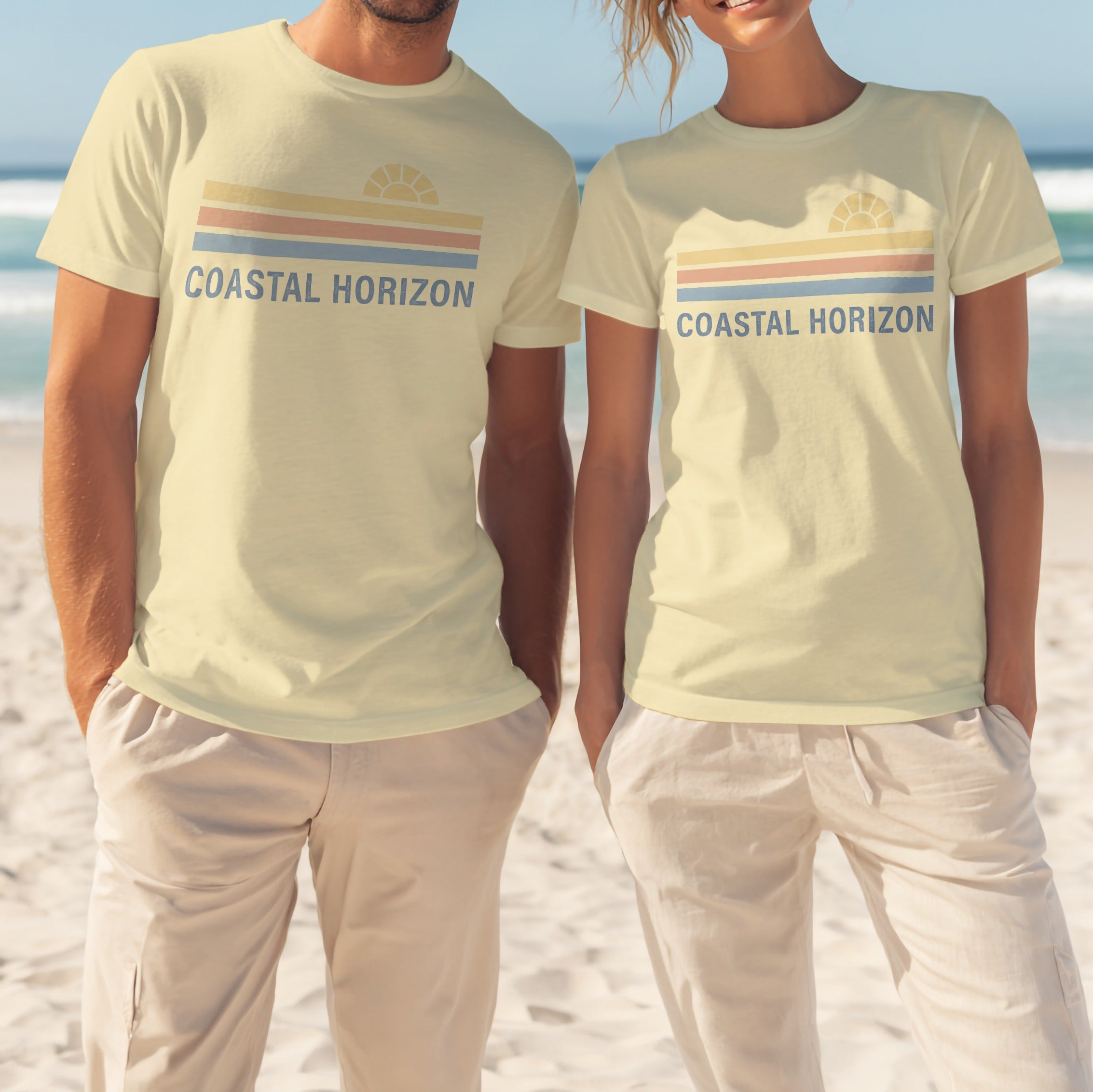 Light yellow t-shirts with "Coastal Horizon" and a striped sunset graphic.