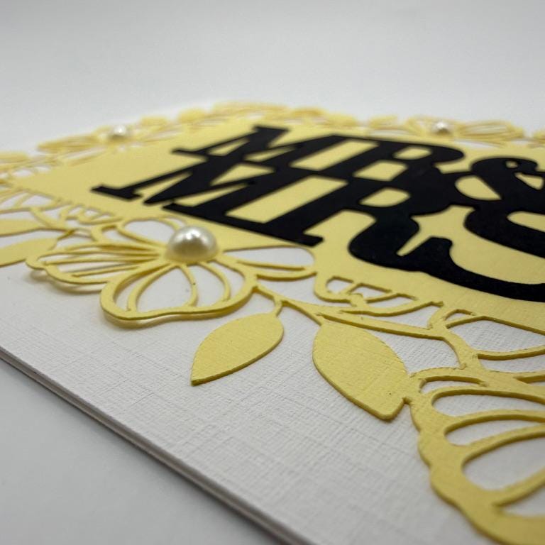 Mr & Mrs Wedding Card | Yellow & Black Floral Die-Cut with Pearl Accents | Wedding, Anniversary & Bridal Shower