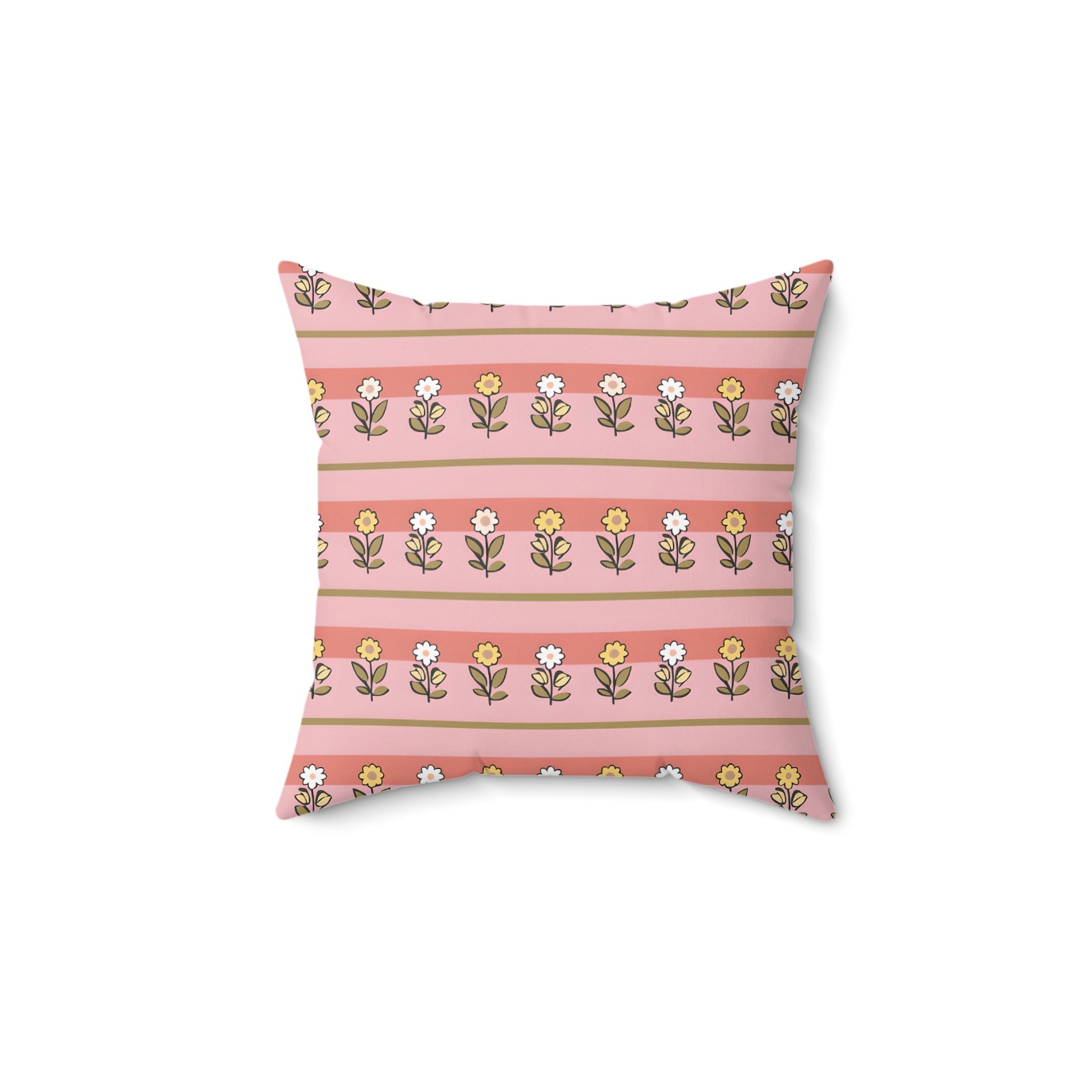 Pink throw pillow with a repeating pattern of yellow flowers and green leaves.