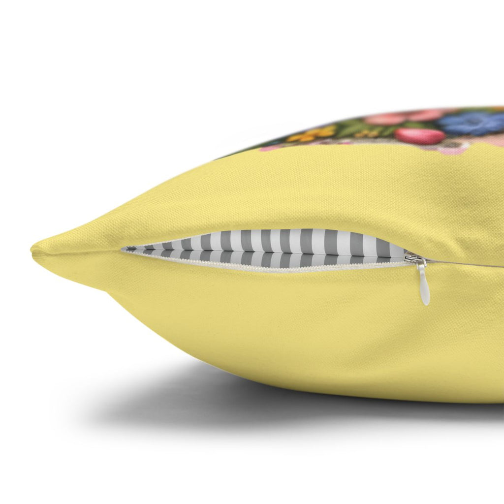 Yellow throw pillow with visible zipper and striped lining, close up.