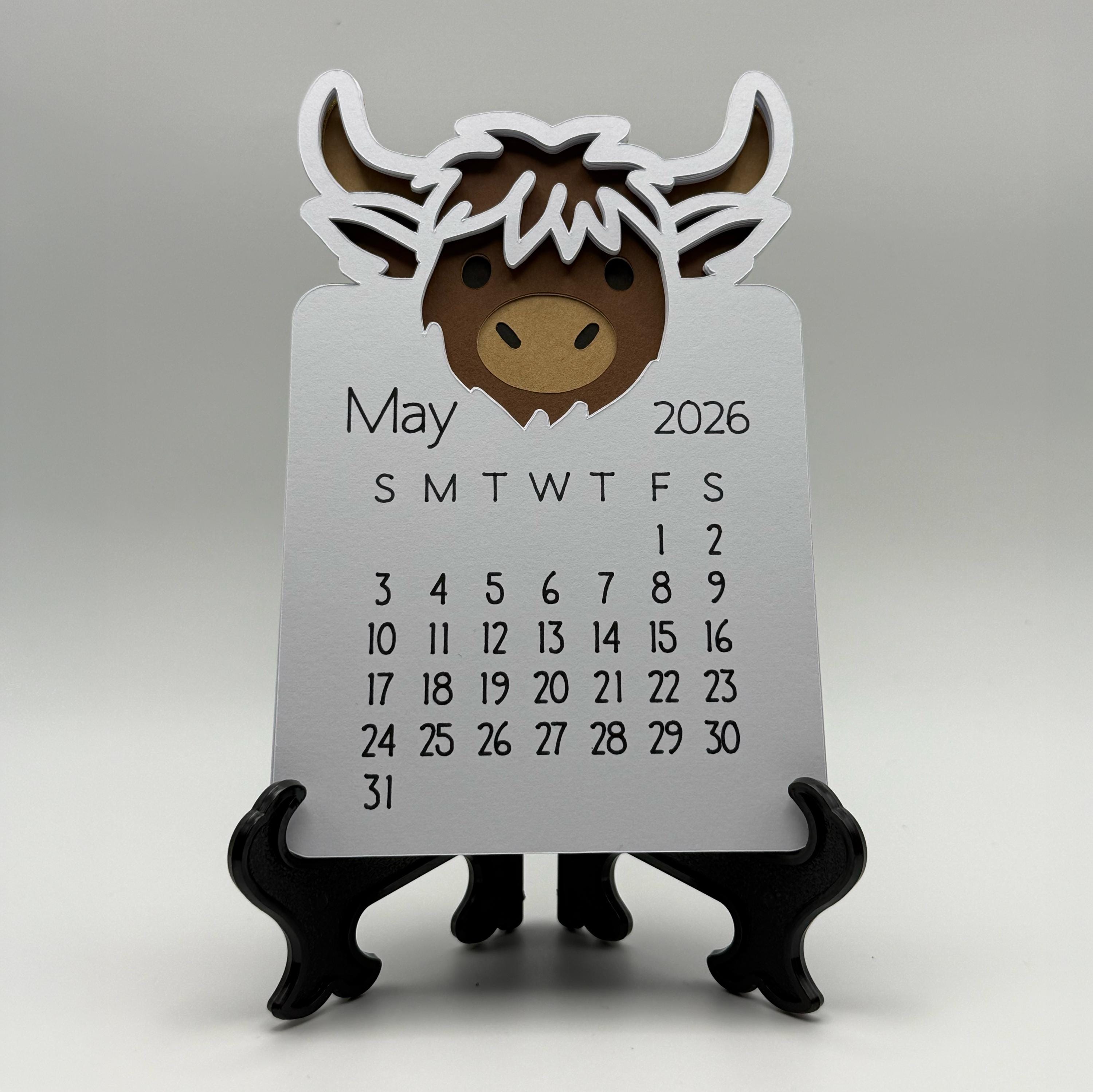 Mini Desk Calendar – Highland Cow, Sunflower & Glitter Handmade Desk Decor