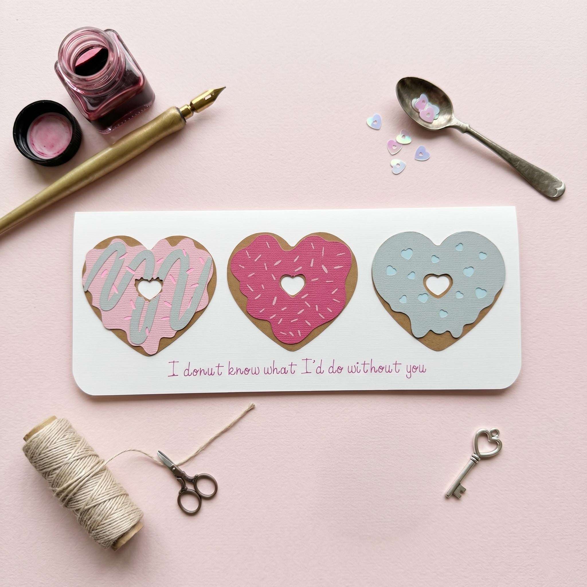Layered Donut Card – Pink, Blue, Heart Sprinkles – Slimline Greeting (8.5" x 3.5")