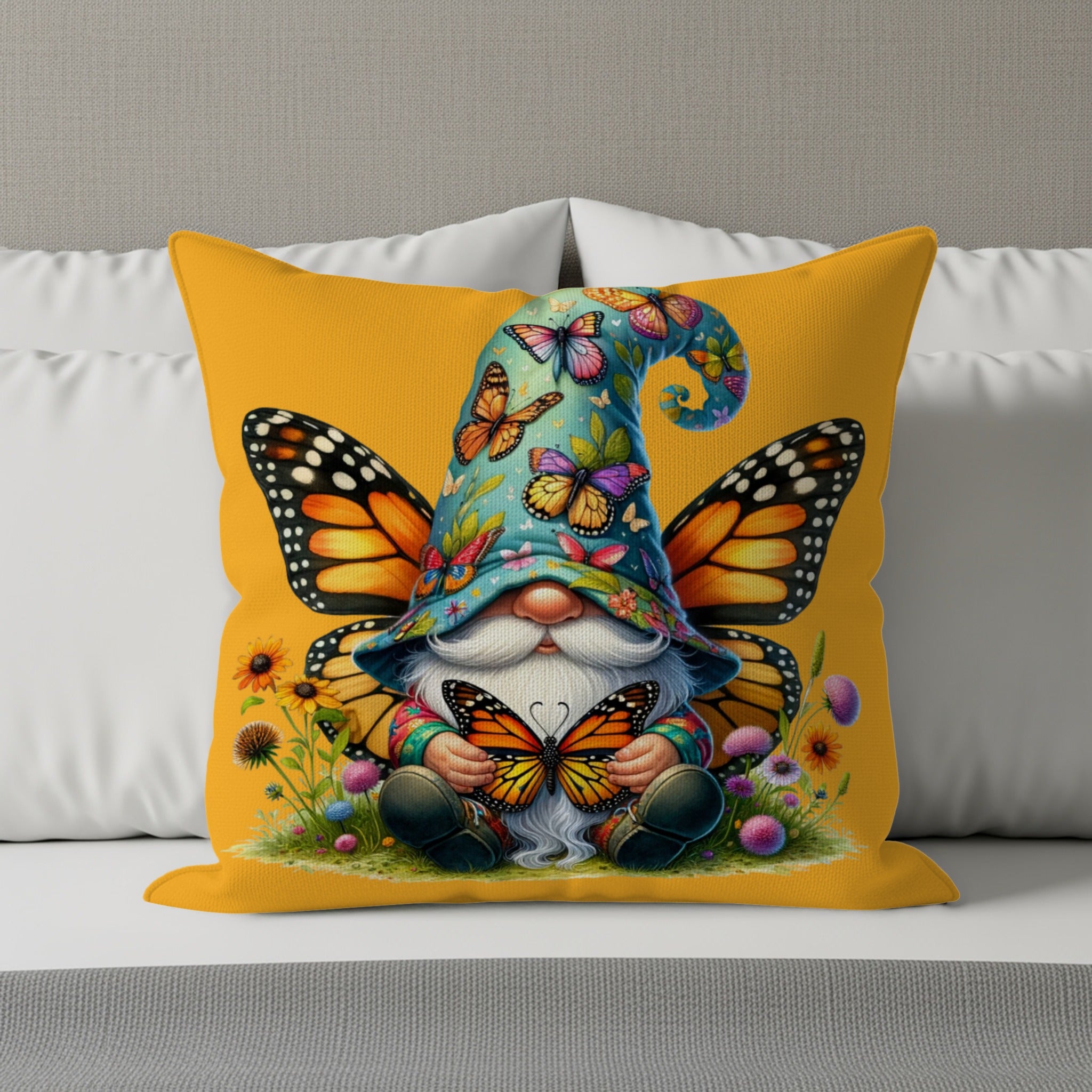 Gnome with butterfly wings and hat sits among flowers holding butterflies.