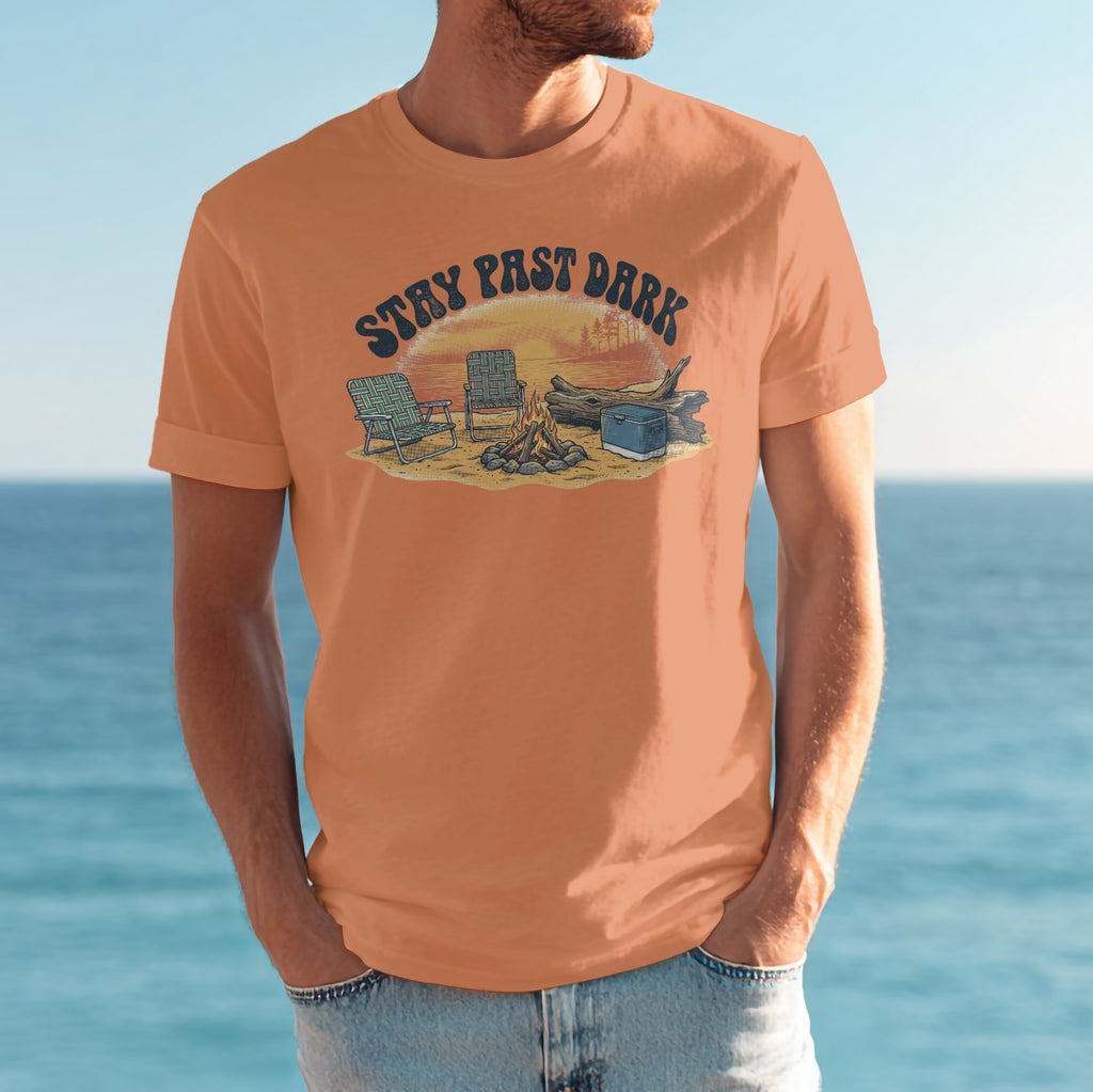 T-shirt with "Stay Past Dark" text over a beach camping scene.