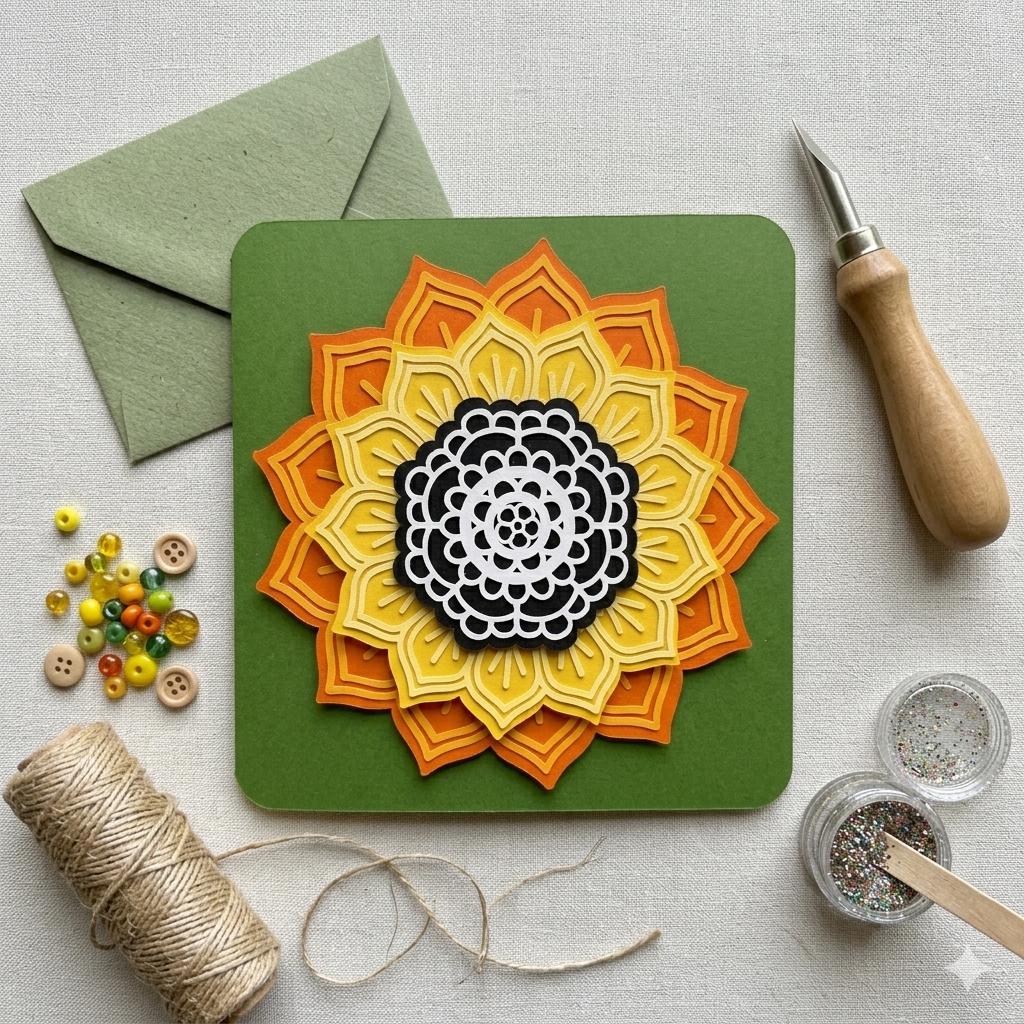 Layered Mandala Flower Card – 3D Floral Sunburst Art (5.5" Square)