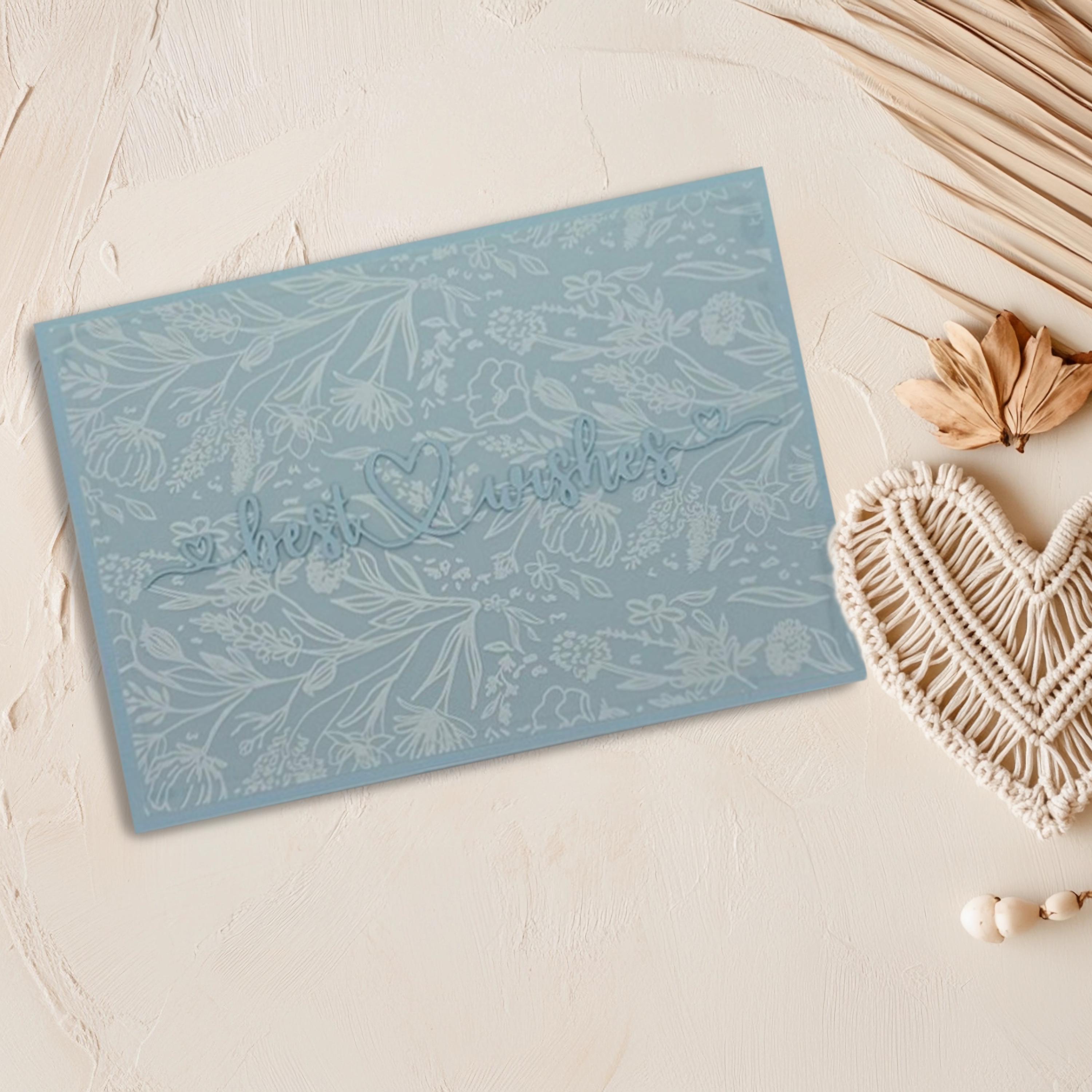 "Best Wishes" Wedding Greeting Card – Dust Blue Floral Die-Cut Heart Design