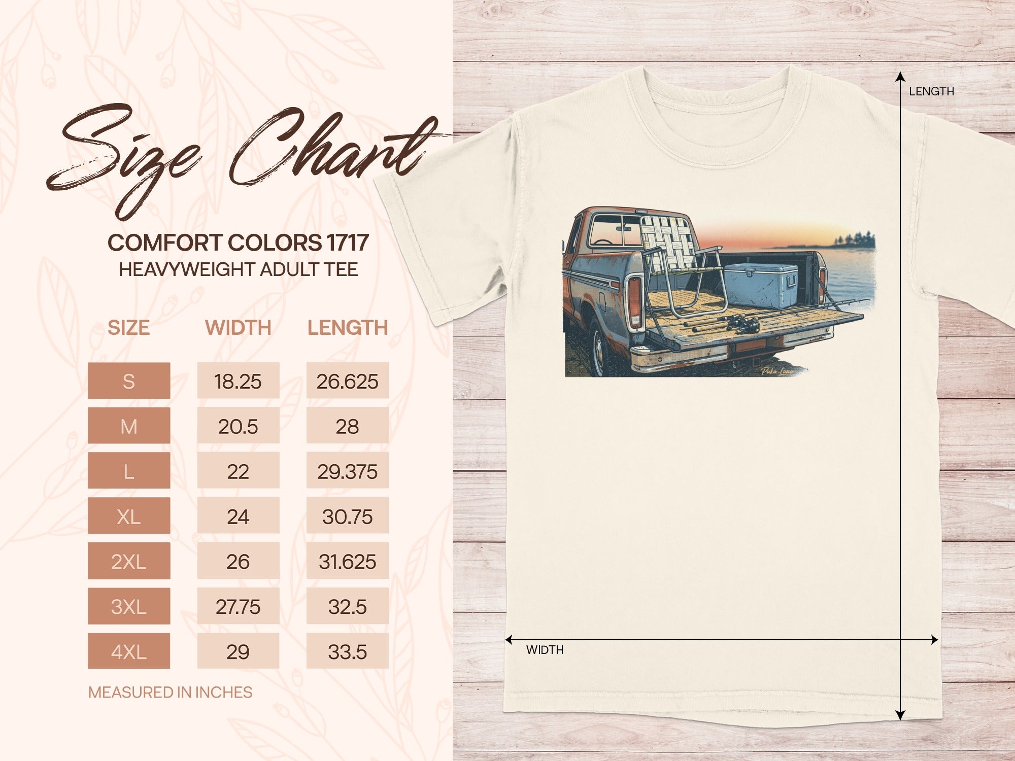 Comfort Colors 1717 heavyweight adult tee size chart with measurements.
