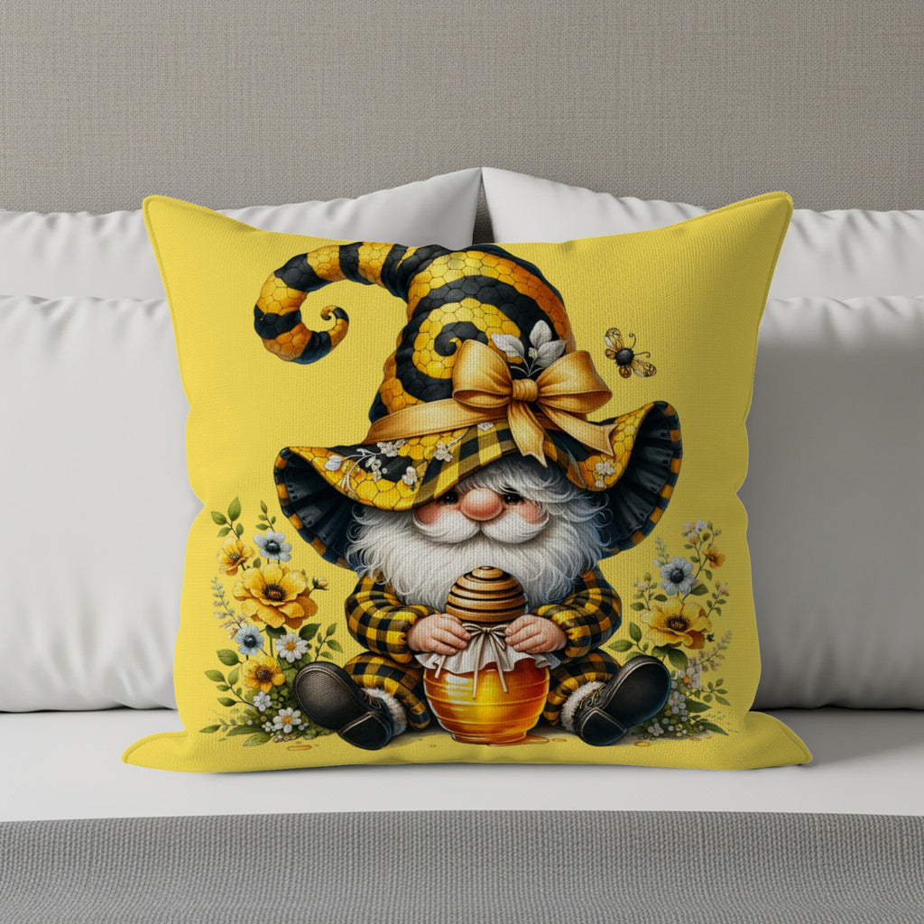 Gnome in bee costume holding honey pot, surrounded by flowers.