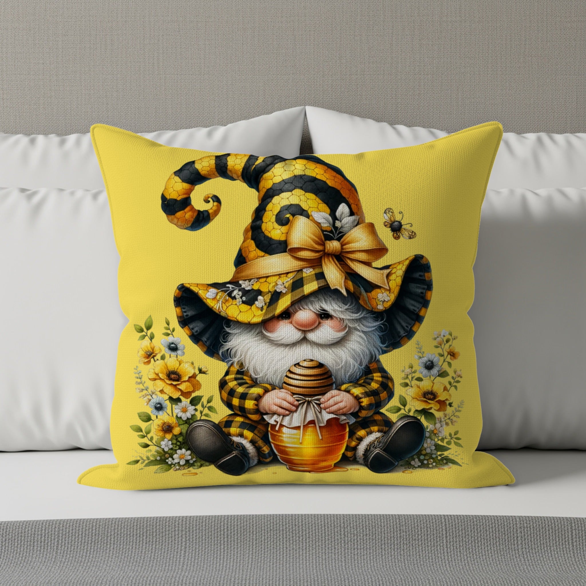 Gnome in bee costume holding honey pot, surrounded by flowers.