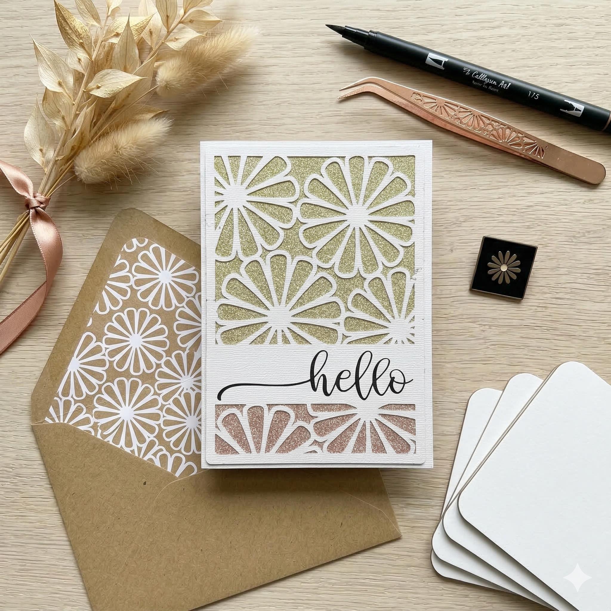 Hand-stamped Floral Greeting Card – Yellow Bicycle, Tulip Bouquet, Cream Cardstock