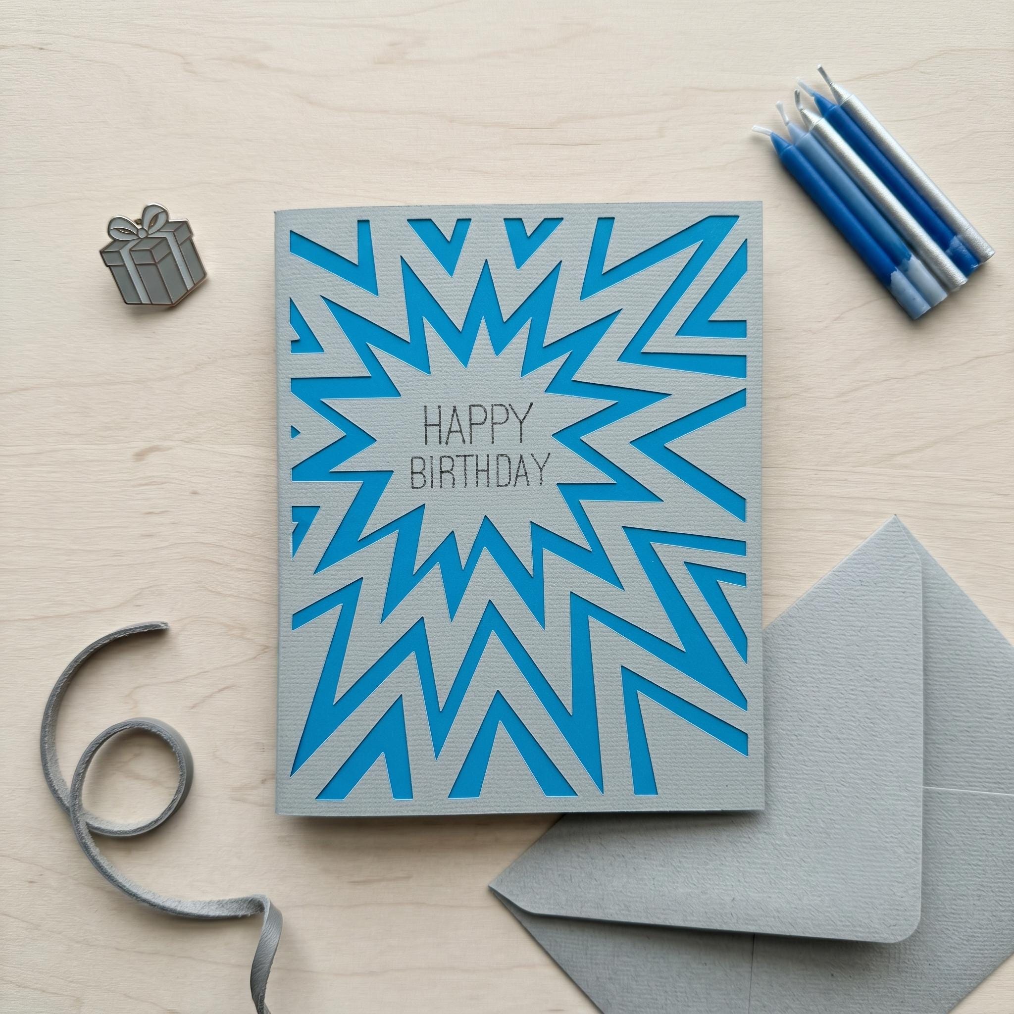 Handmade Pop Art Birthday Card – Blue Grey Sunburst 3D Layered Greeting Card