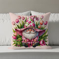 Gnome in a floral hat surrounded by tulips on a pink throw pillow.