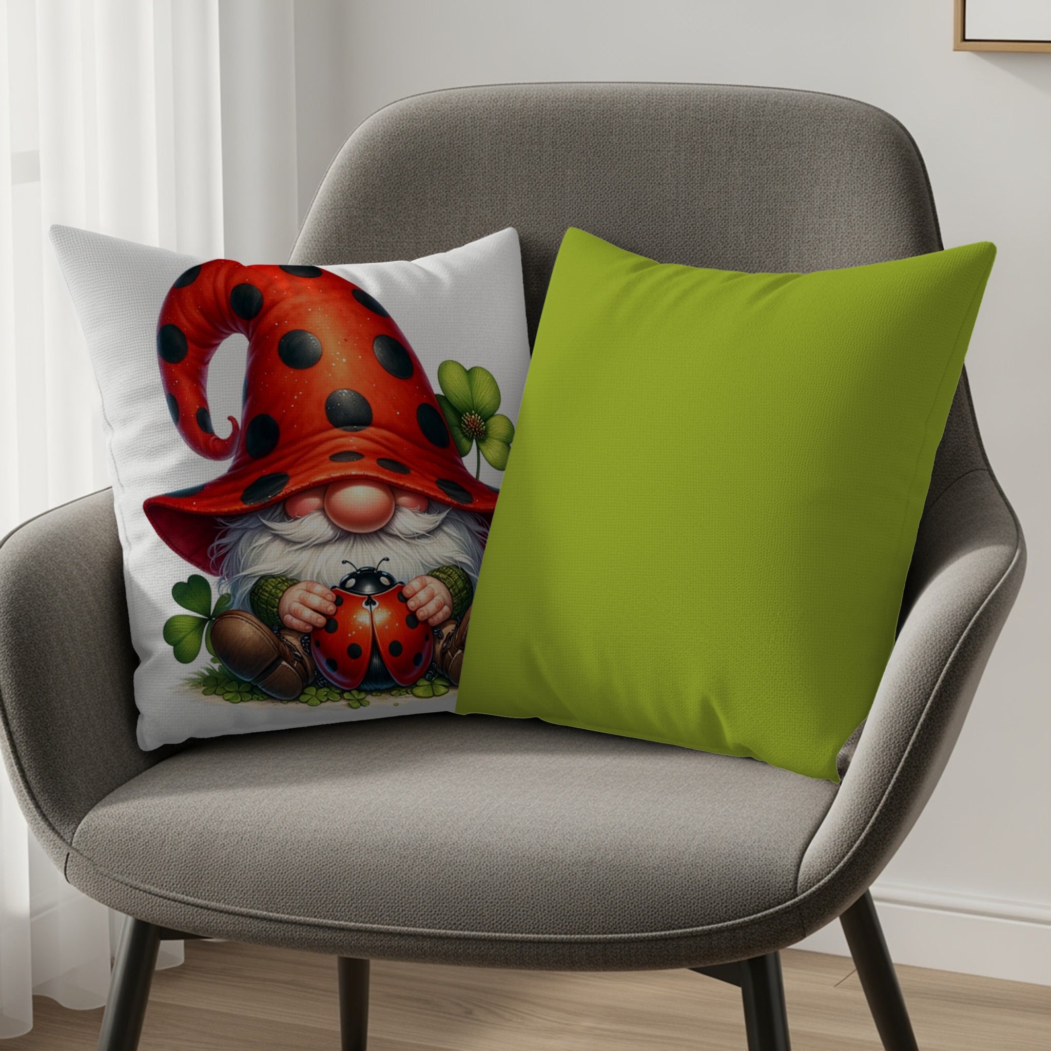 Gnome pillow with ladybug and shamrocks next to green pillow on chair.