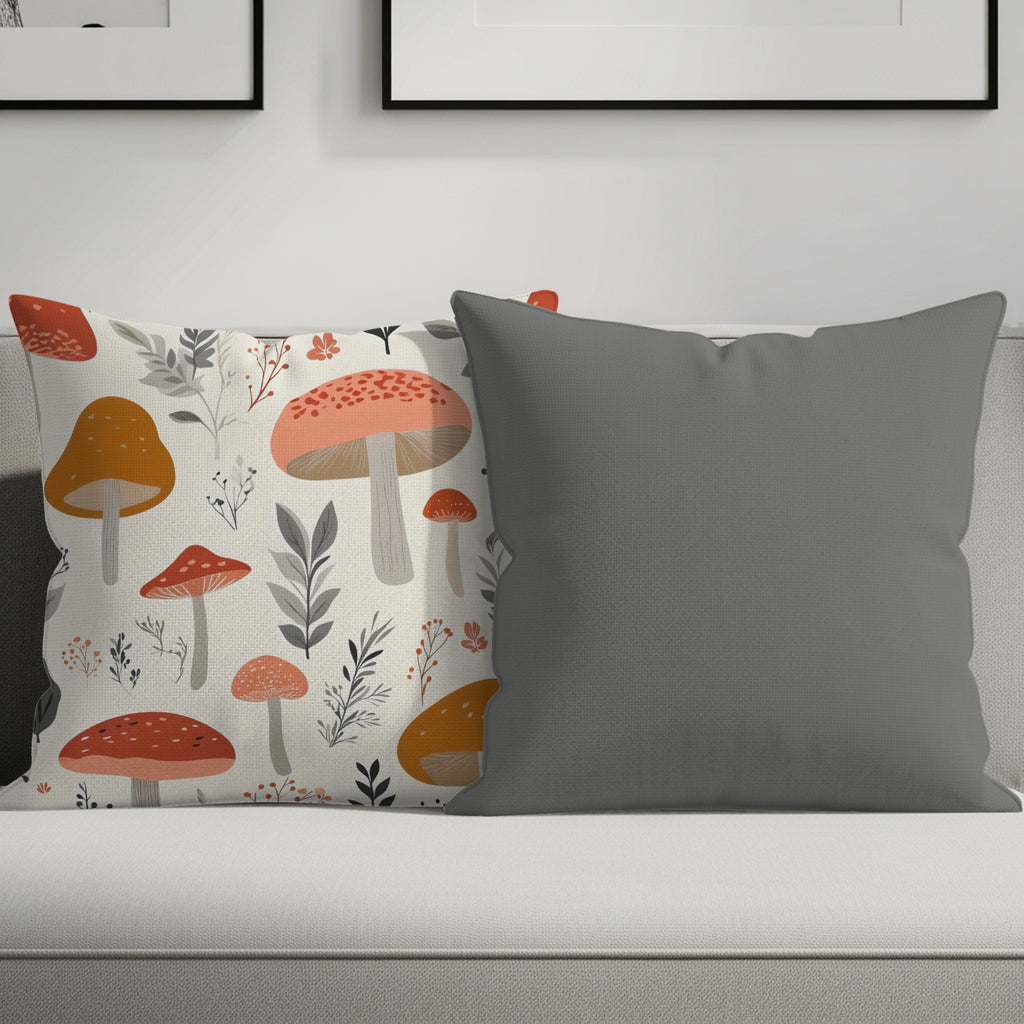 Two decorative pillows on a sofa: one with a mushroom print, one plain gray.