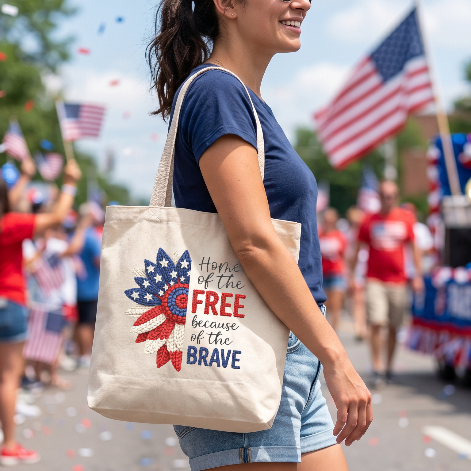 Canvas tote bag featuring a sunflower design with American flag petals and "Home of the Brave" text.