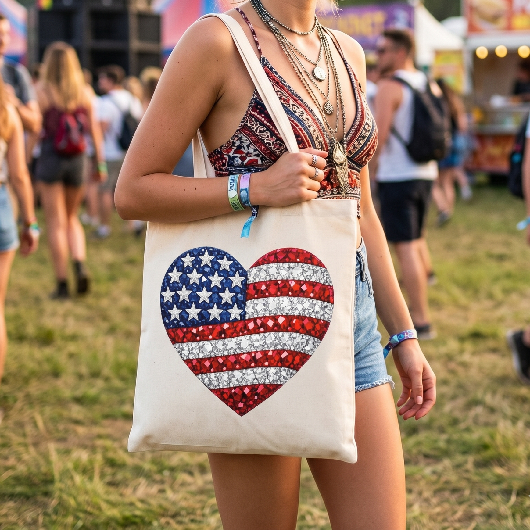 Tote bag with American flag heart design held by a person at an outdoor event.