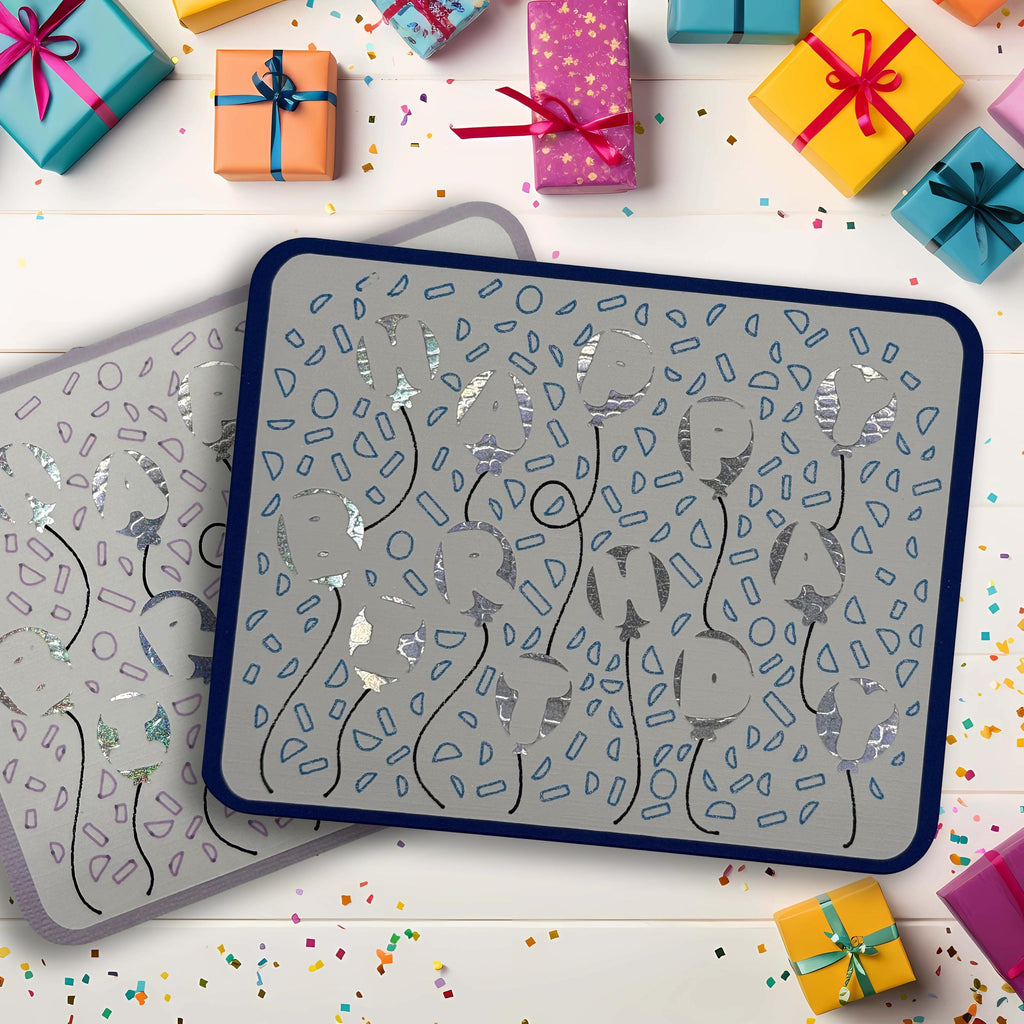 Handmade Birthday Card | Holographic Balloon Letters in Blue or Lavender | Unique Confetti Celebration Card
