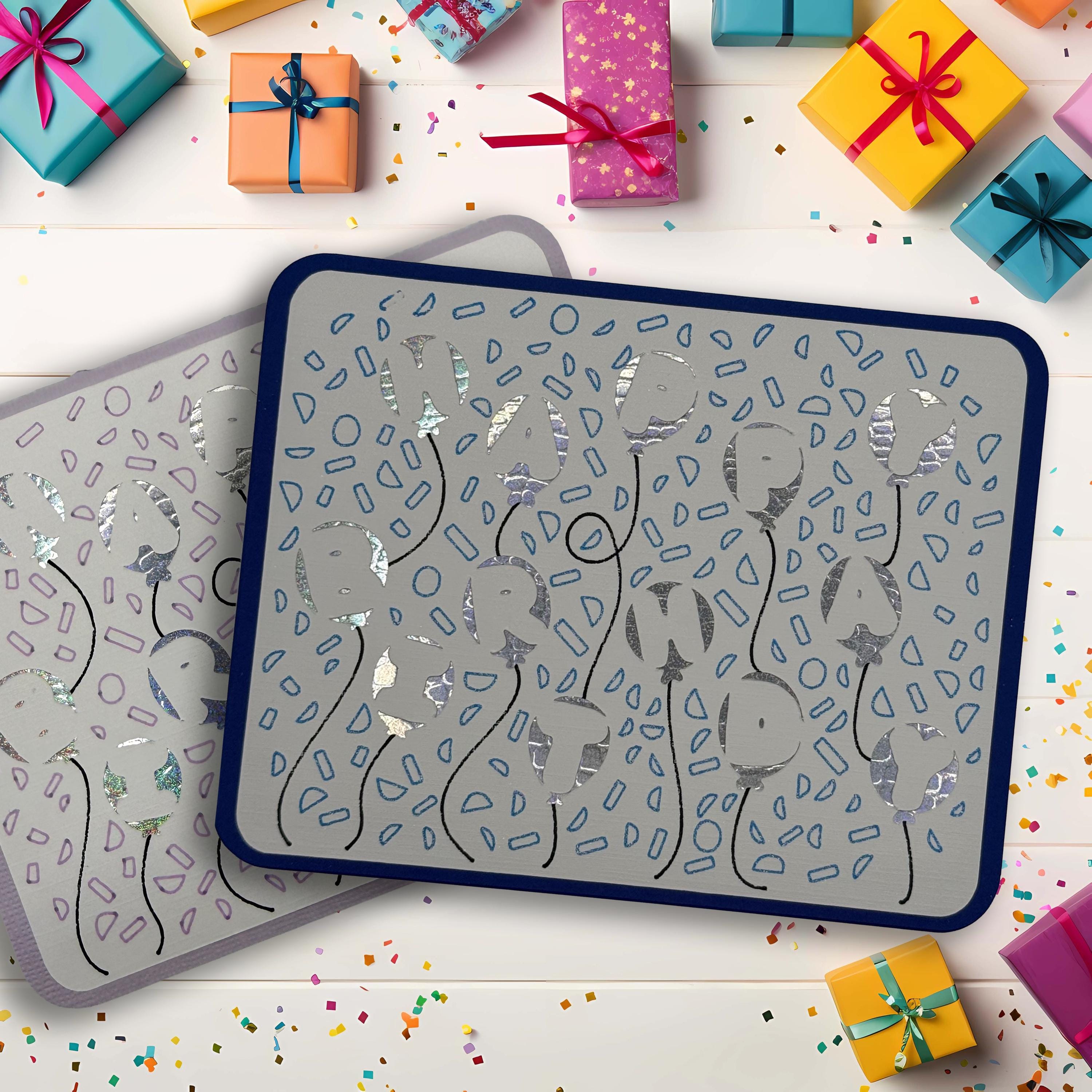 Handmade Birthday Card | Holographic Balloon Letters in Blue or Lavender | Unique Confetti Celebration Card