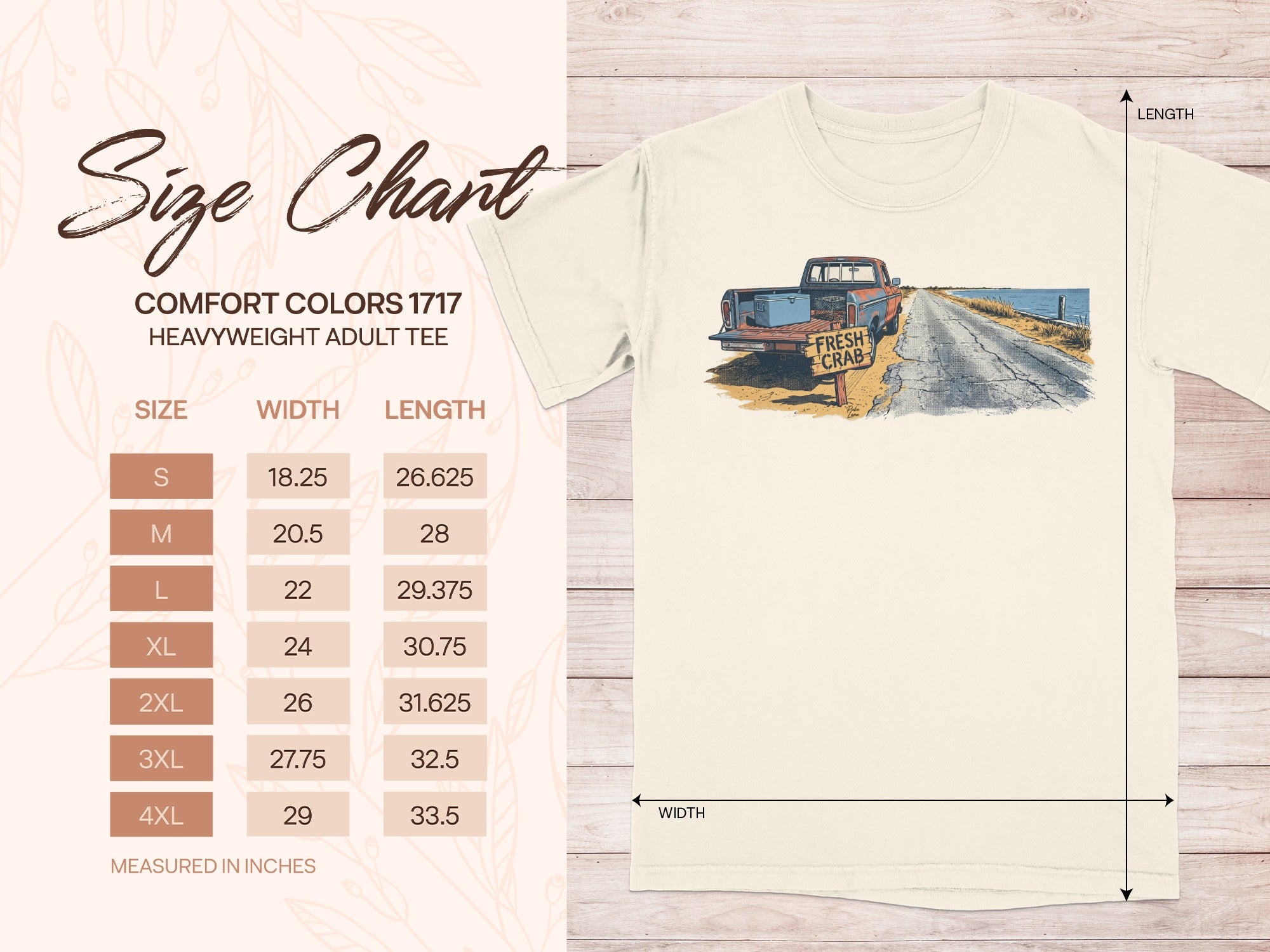 Comfort Colors 1717 heavyweight adult tee size chart with measurements.