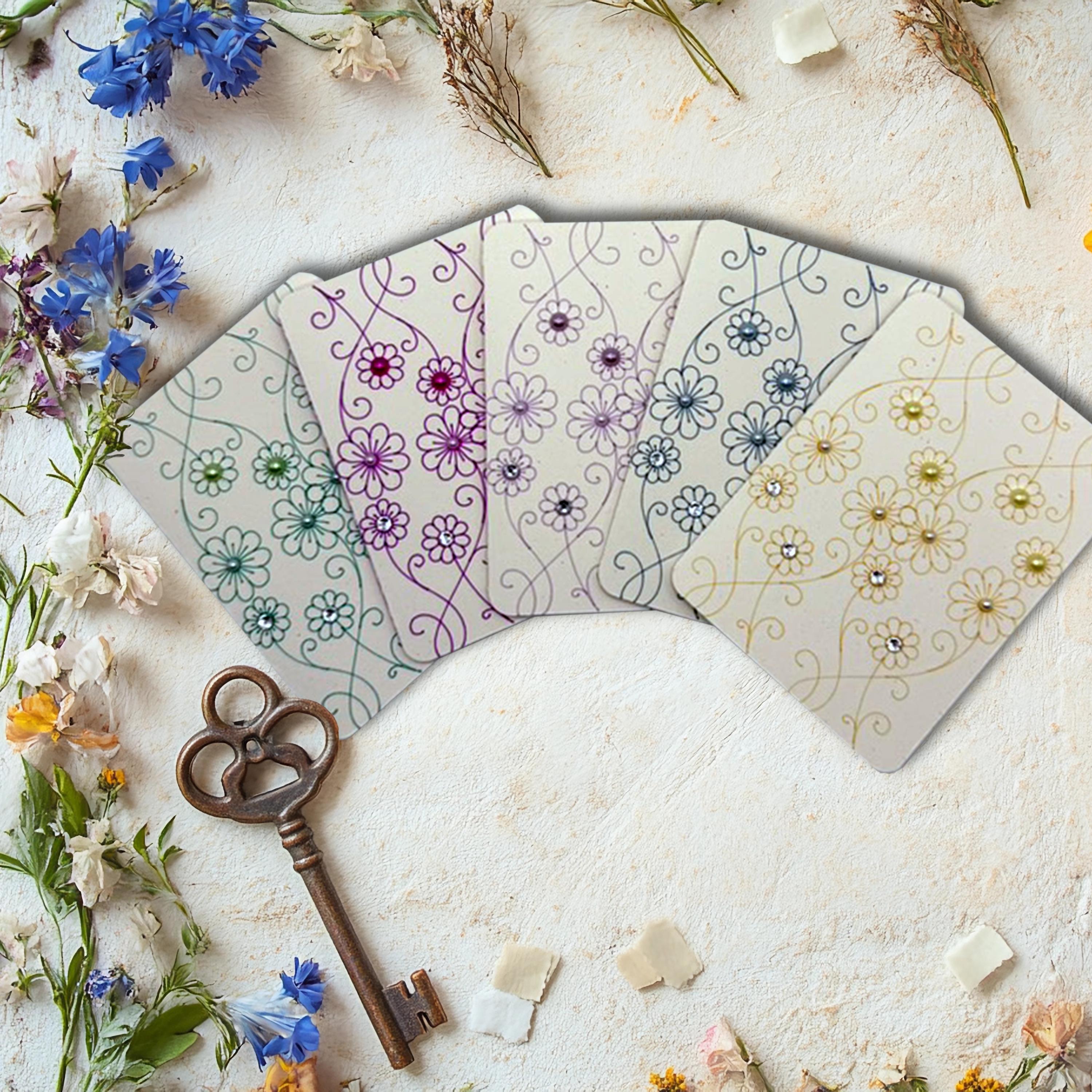 Gemstone Floral Greeting Cards - Handmade Elegant Note Card Set