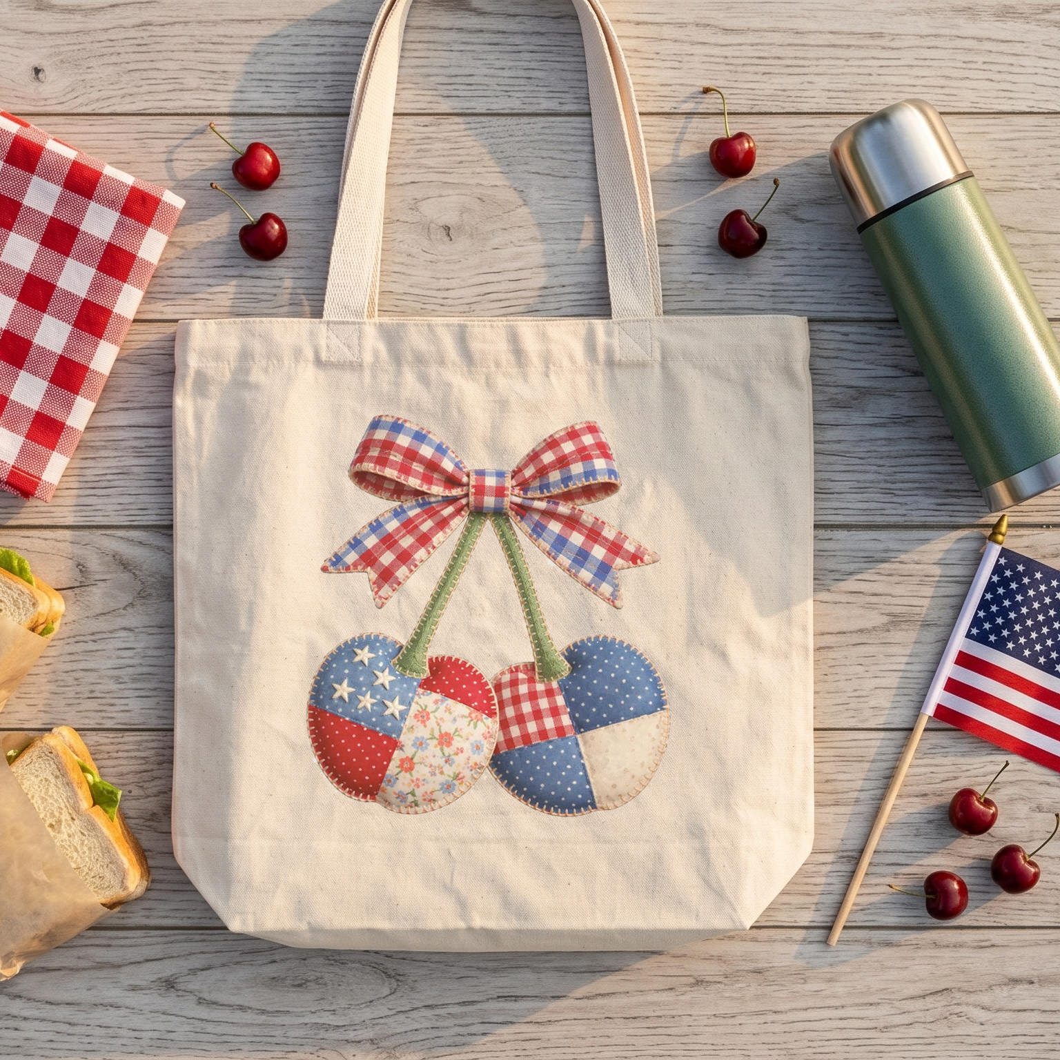 Patriotic Cherries Tote Bag – Americana Fruit Art Canvas Tote