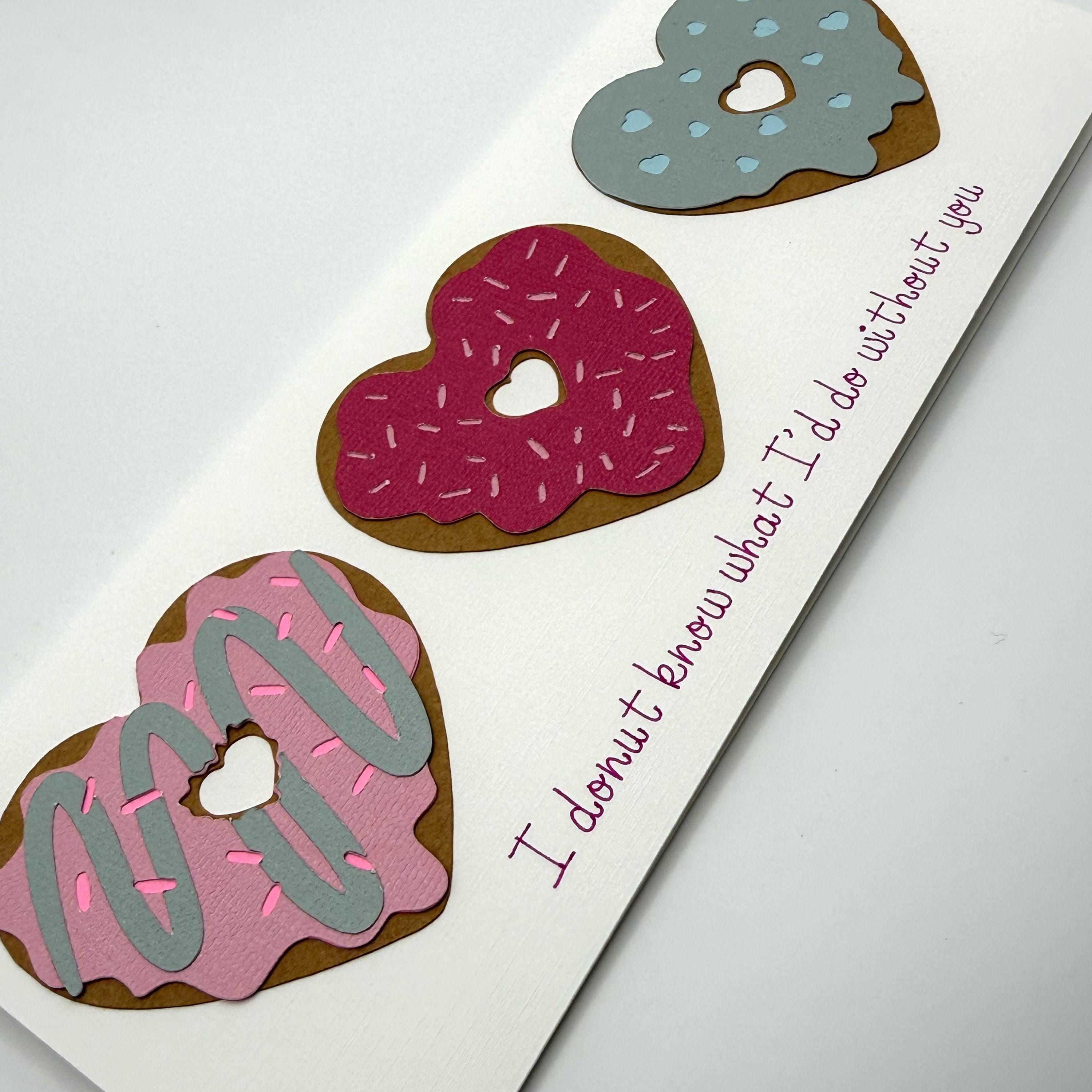 Layered Donut Card – Pink, Blue, Heart Sprinkles – Slimline Greeting (8.5" x 3.5")