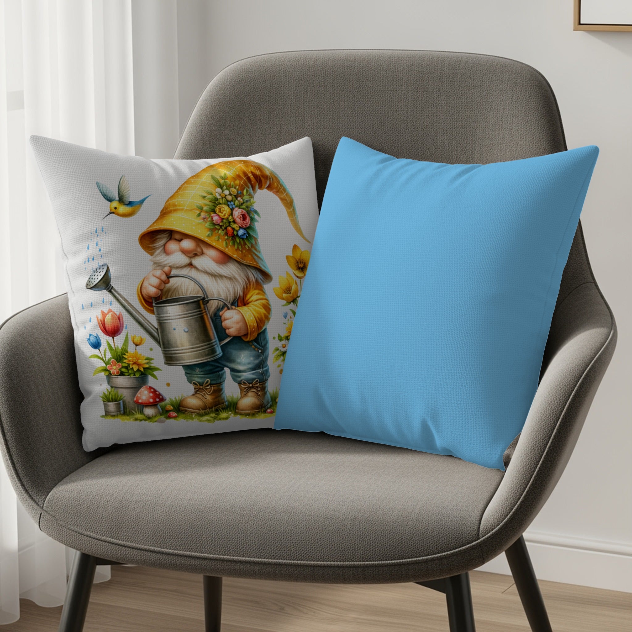 Gnome with watering can on pillow next to solid blue throw pillow.
