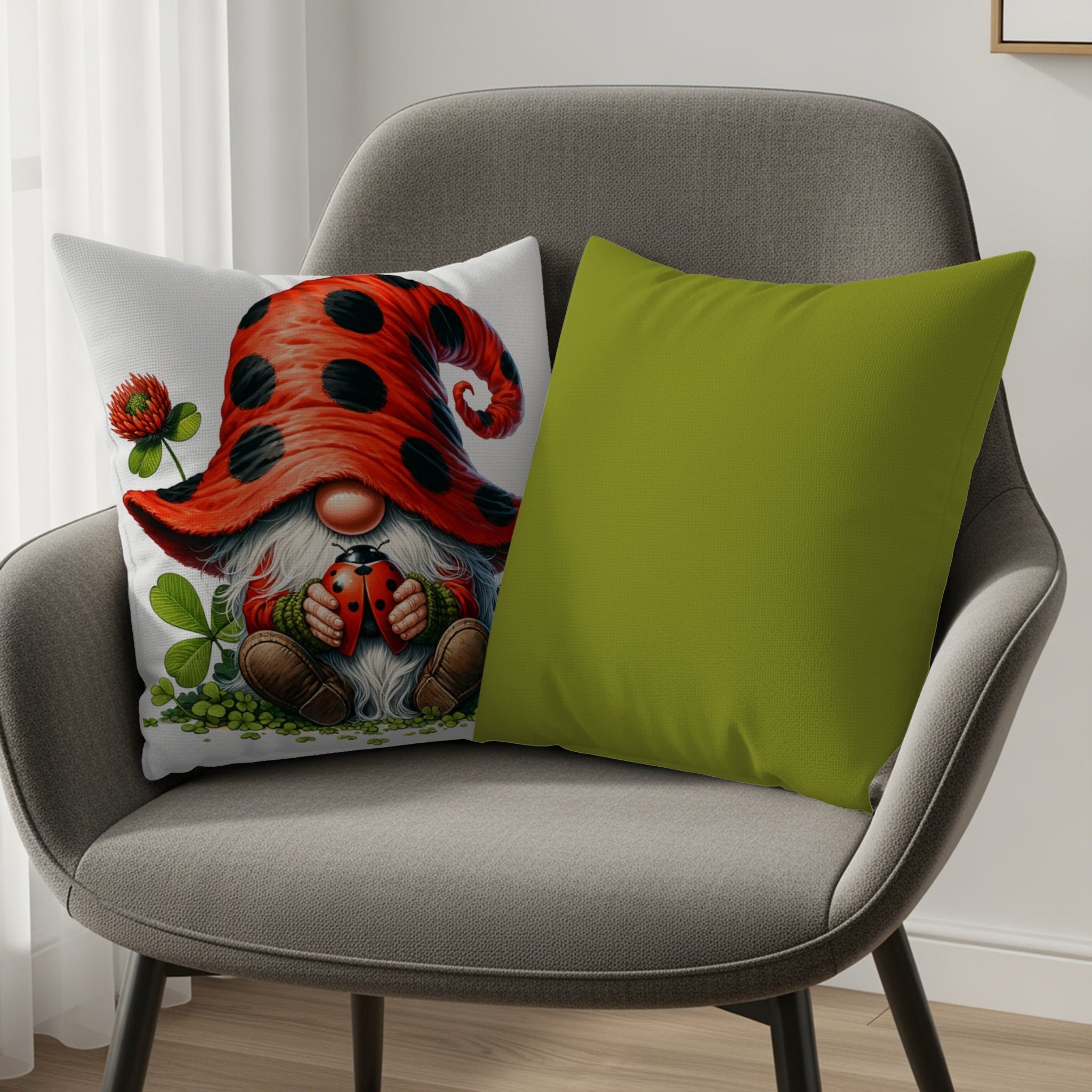 Gnome with ladybug hat holding ladybug, next to a green pillow.